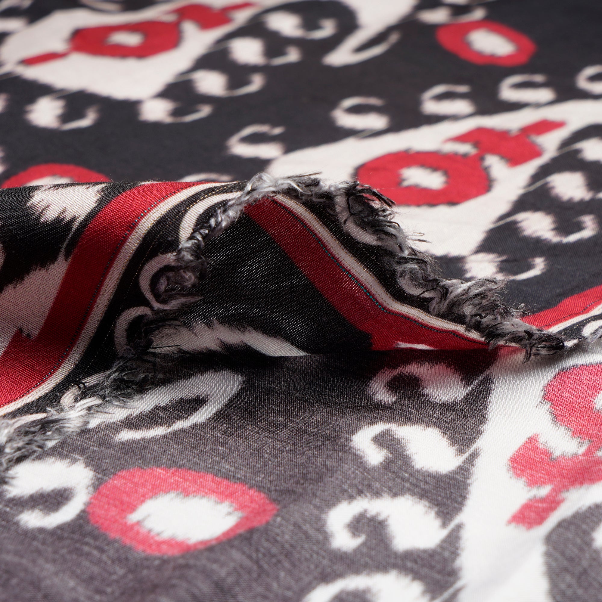 (Pre-Cut 2.70 Mtr)Black-Red Ikat Pattern Digital Print Bemberg Muslin Fabric