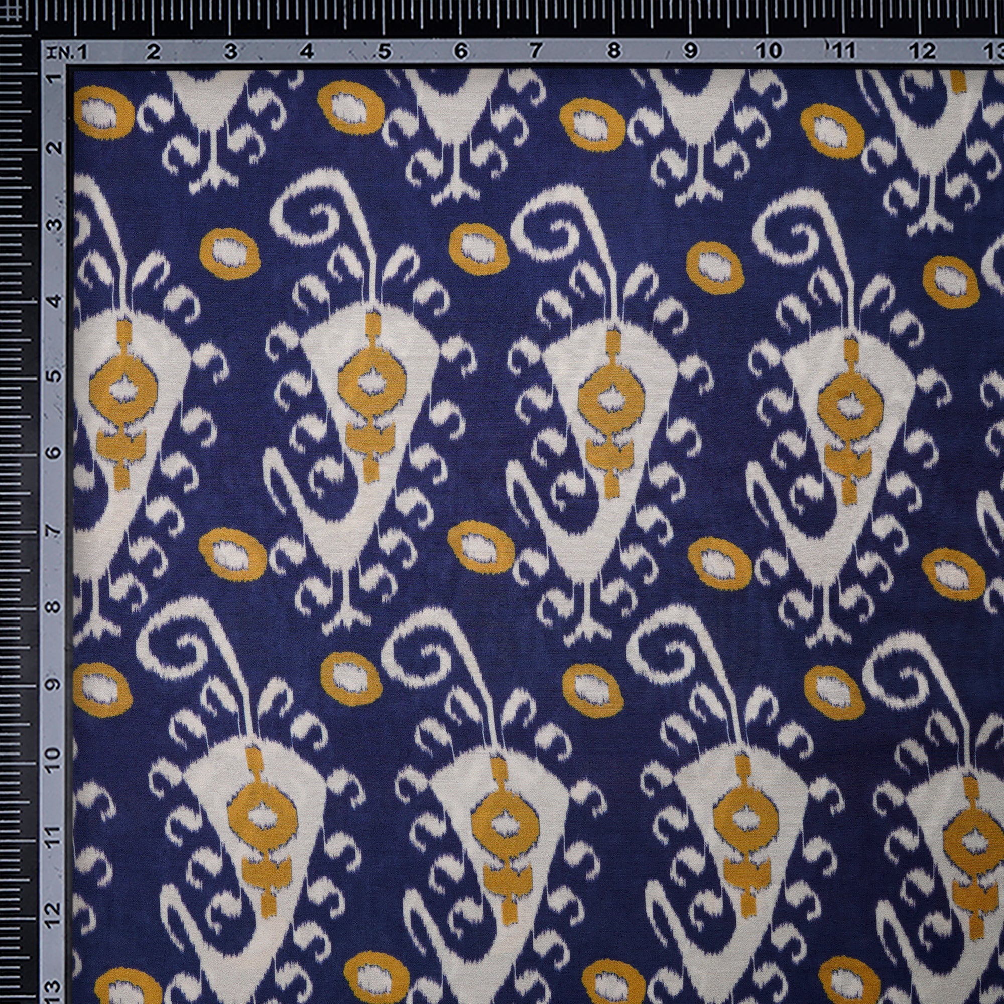(Pre-Cut 4.00 Mtr)Blue-Yellow Ikat Pattern Digital Print Bemberg Statin Fabric