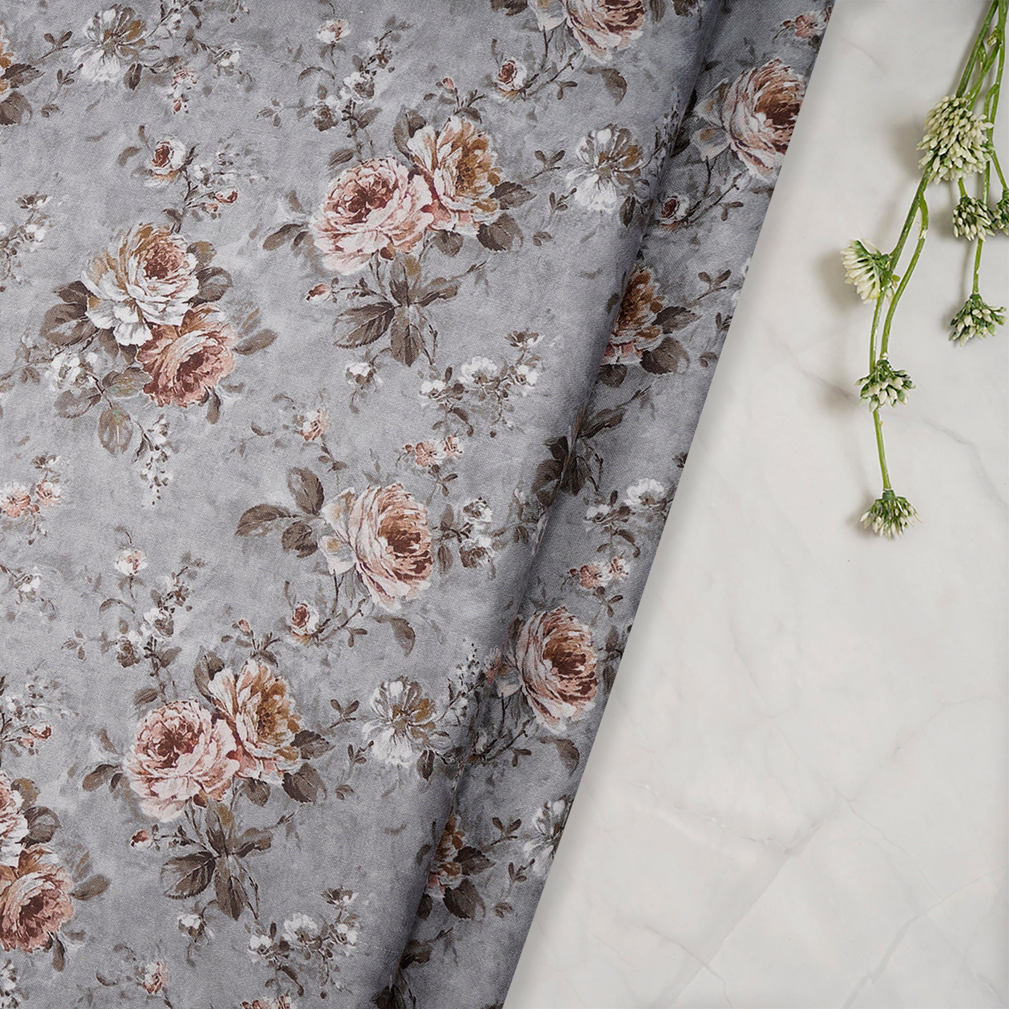 (Pre-Cut 2.55 Mtr)Grey Floral Pattern Digital Print Modal Satin Fabric