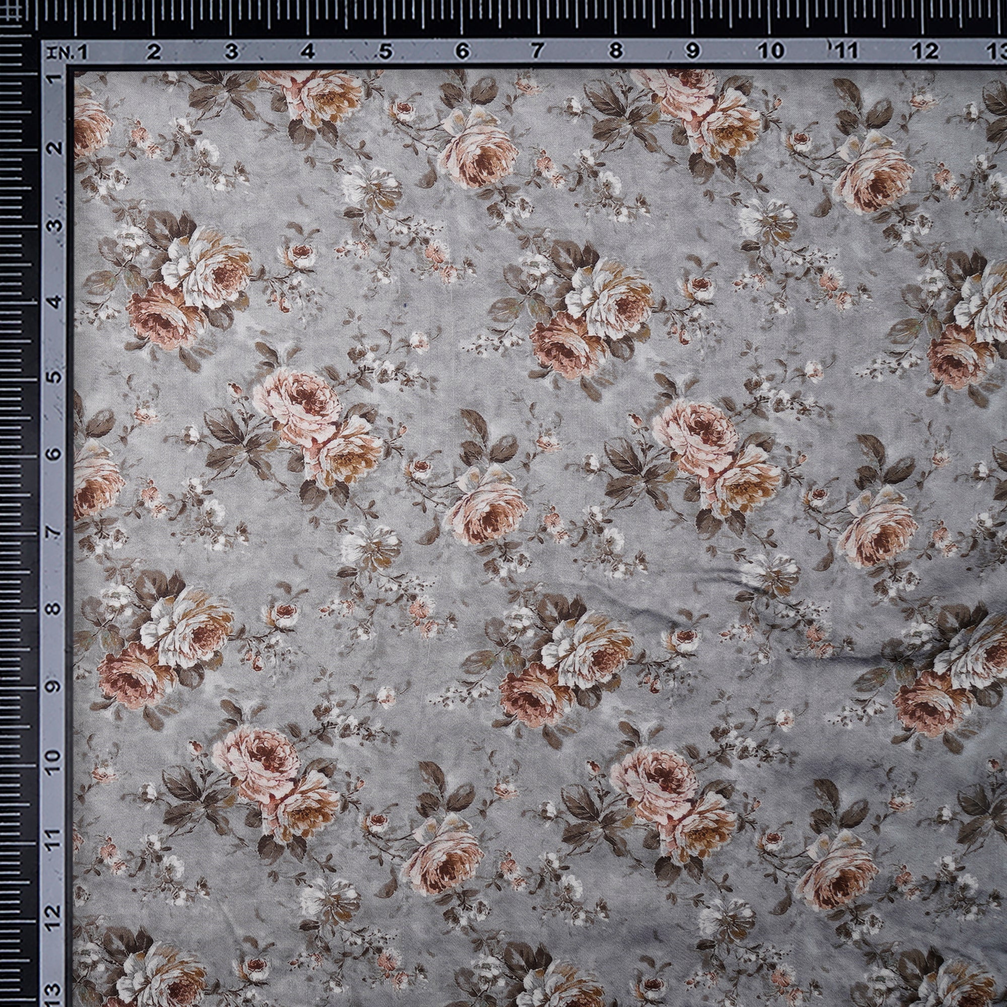 (Pre-Cut 2.55 Mtr)Grey Floral Pattern Digital Print Modal Satin Fabric