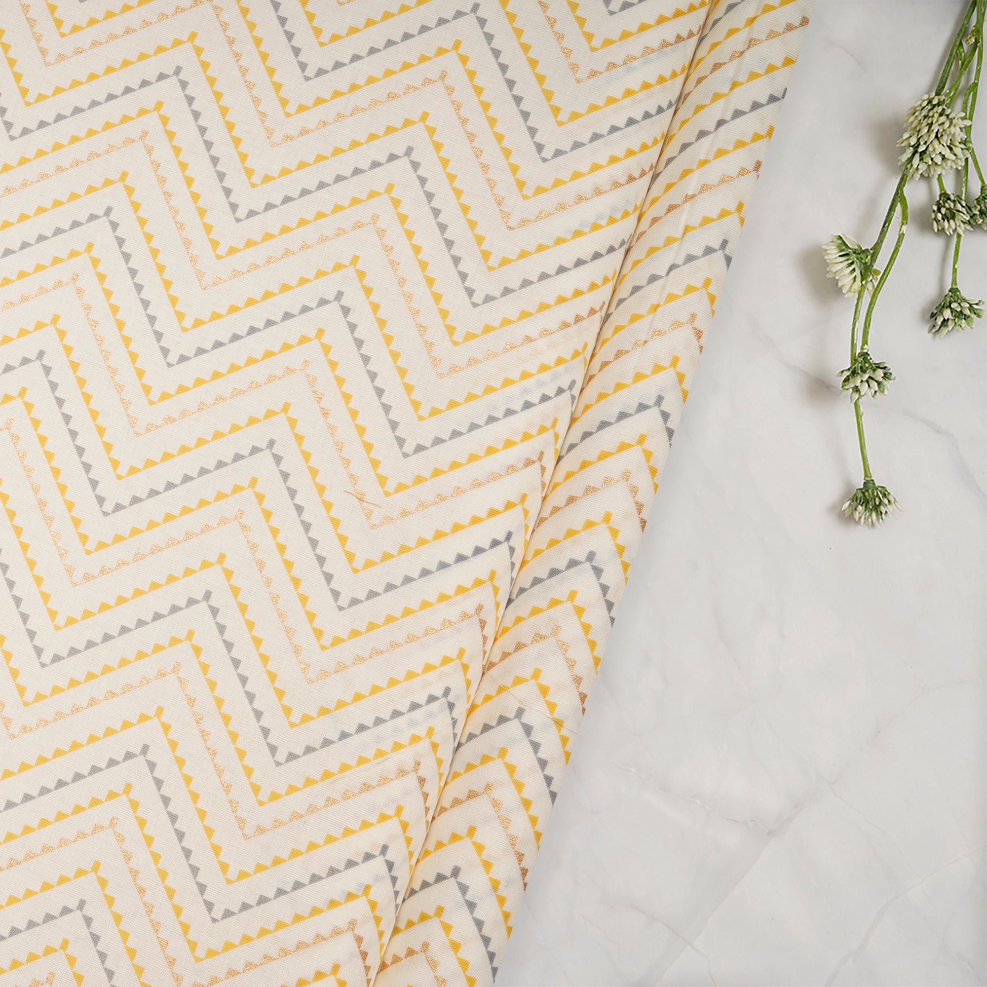 (Pre-Cut 2.00 Mtr)Cream Chevron Pattern Screen Printed Pure Cotton Fabric