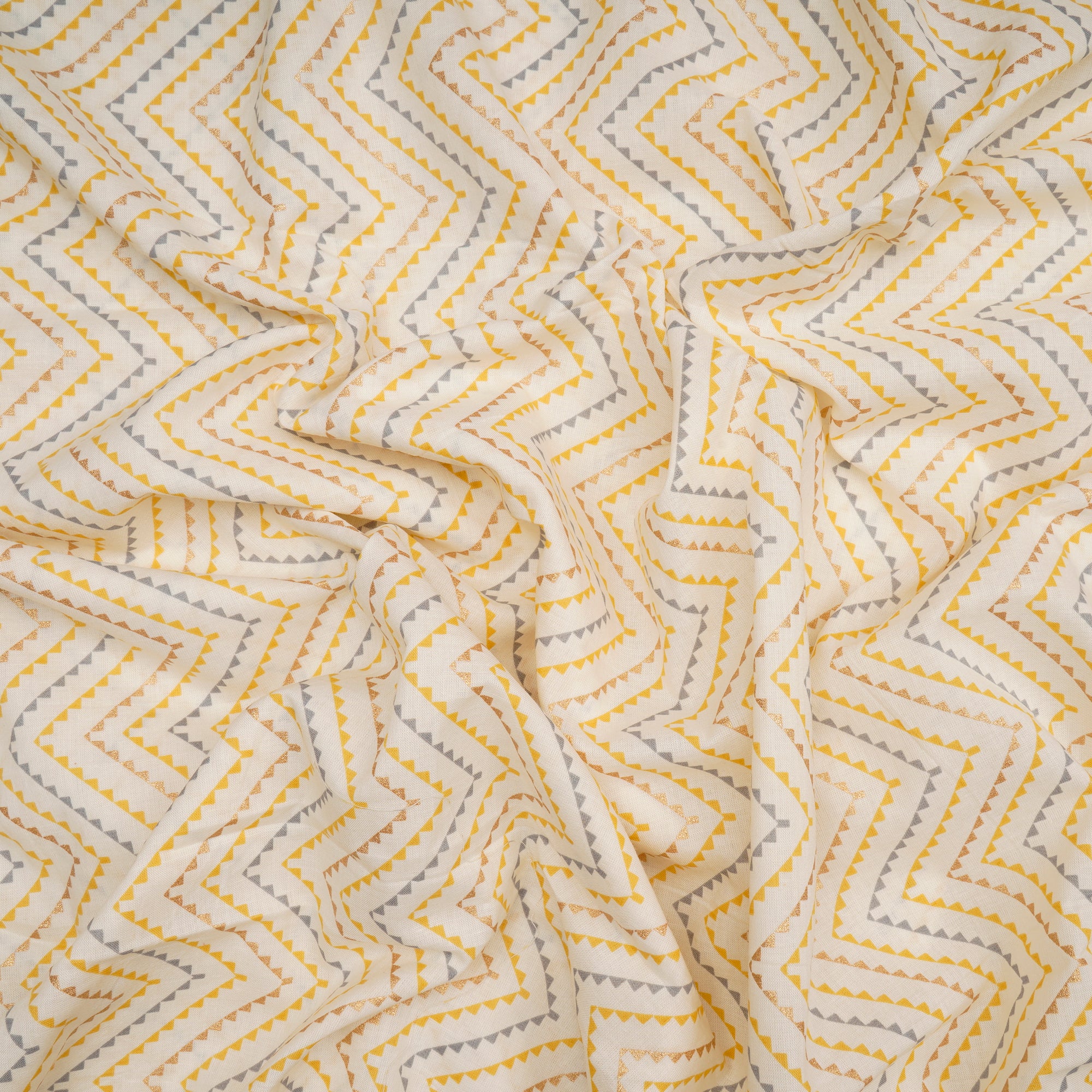 (Pre-Cut 2.00 Mtr)Cream Chevron Pattern Screen Printed Pure Cotton Fabric