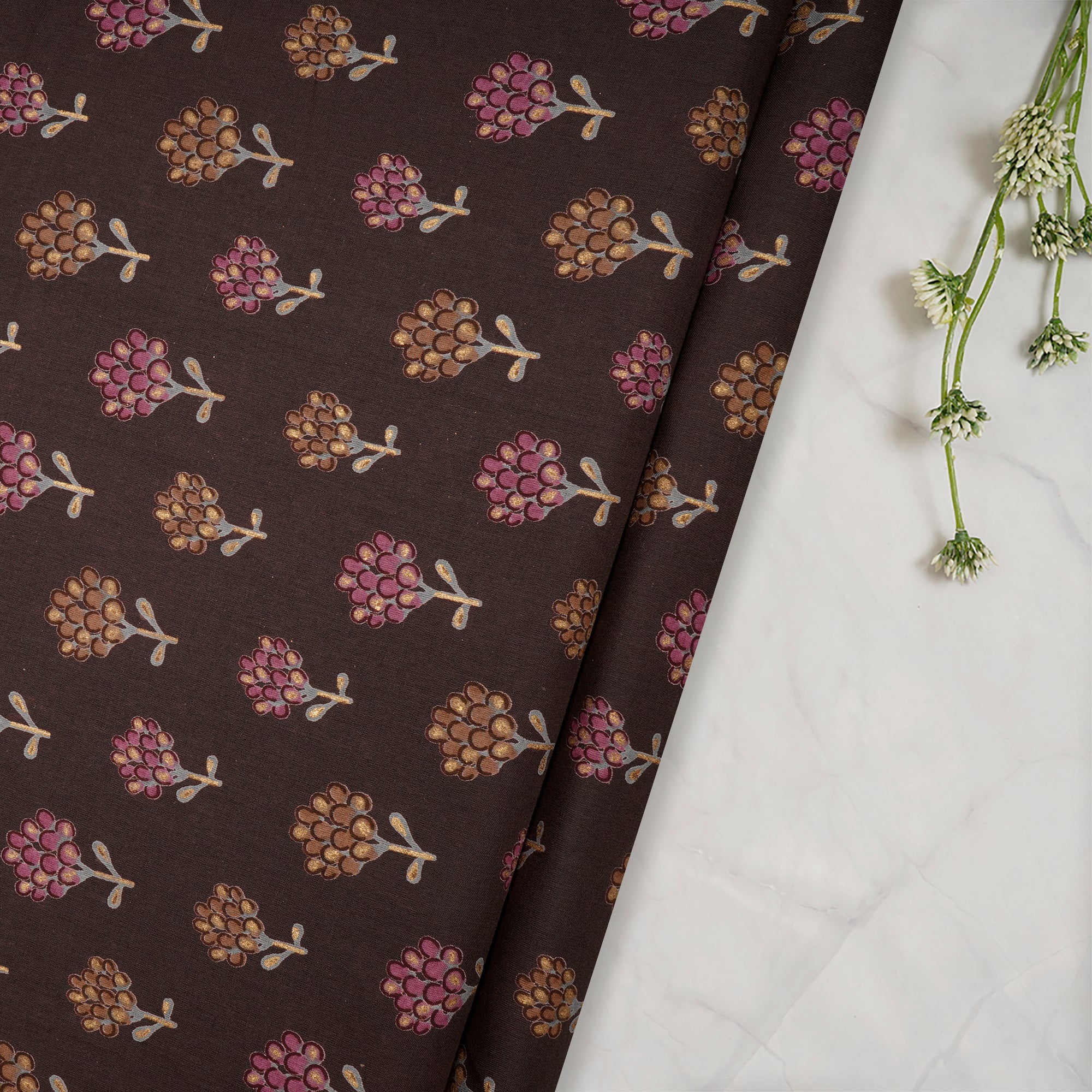 (Pre-Cut 2.70 Mtr)Brown Floral Pattern Screen Printed Pure Cotton Fabric