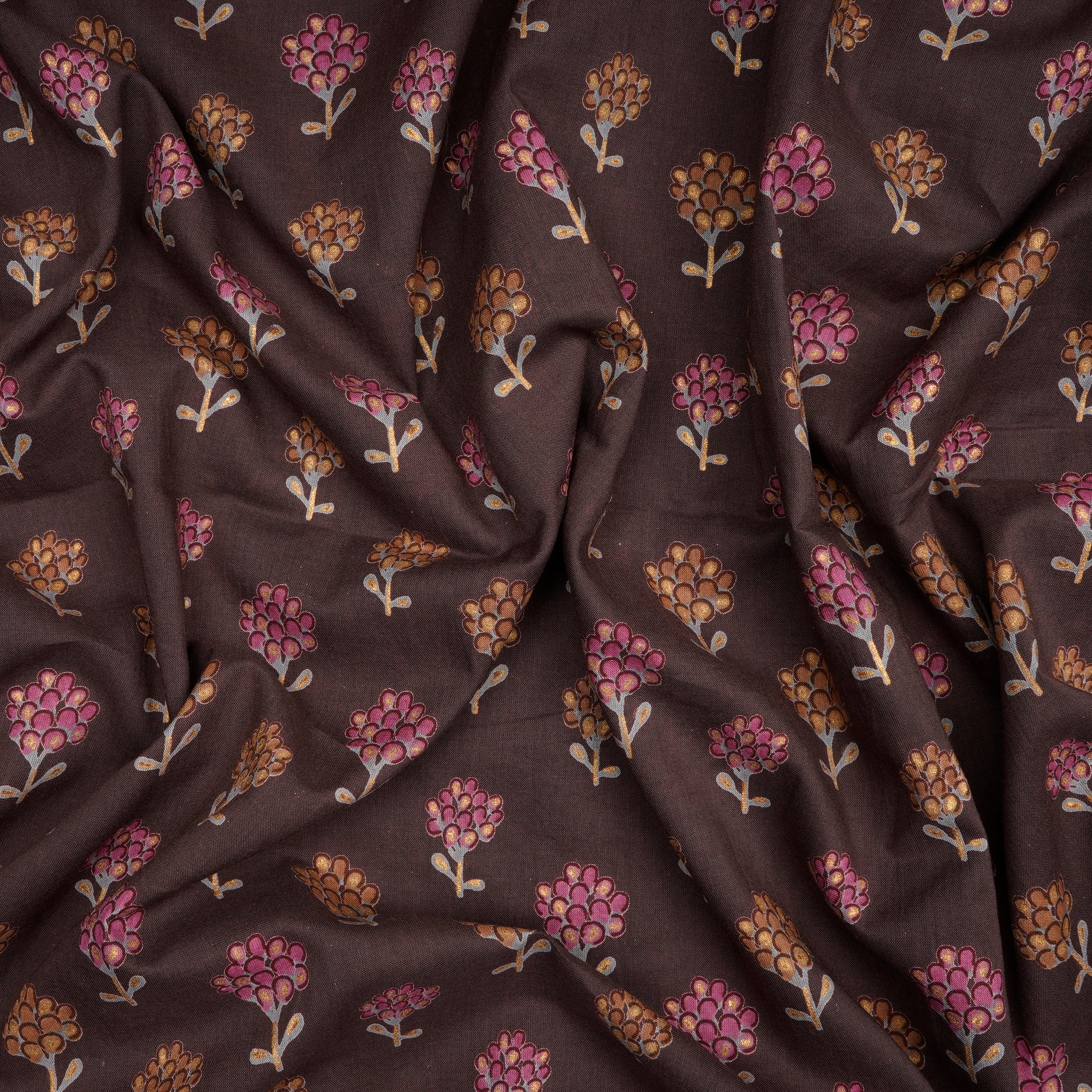 (Pre-Cut 2.70 Mtr)Brown Floral Pattern Screen Printed Pure Cotton Fabric