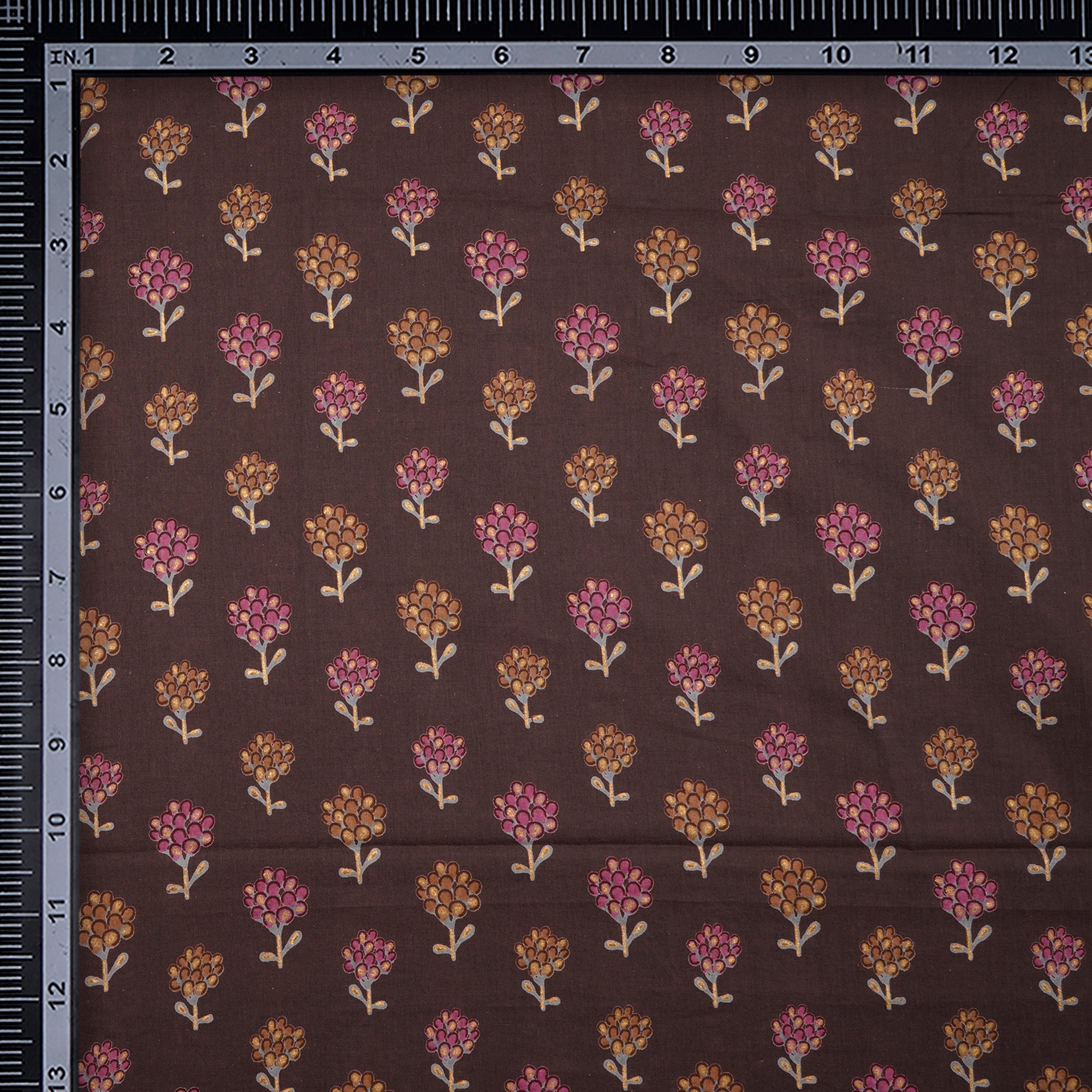 (Pre-Cut 2.70 Mtr)Brown Floral Pattern Screen Printed Pure Cotton Fabric