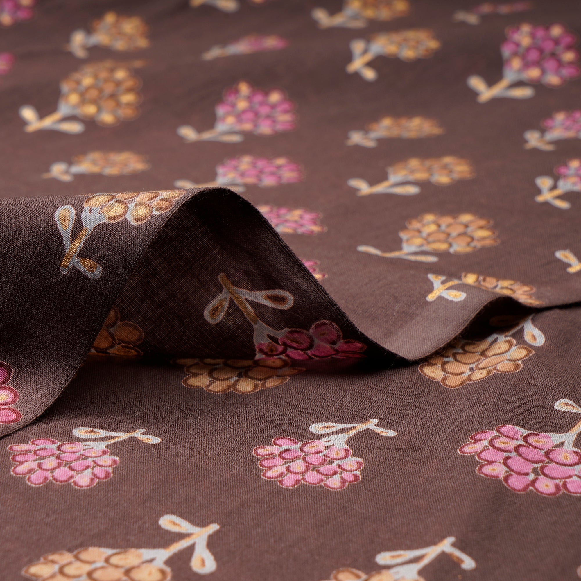 (Pre-Cut 2.70 Mtr)Brown Floral Pattern Screen Printed Pure Cotton Fabric