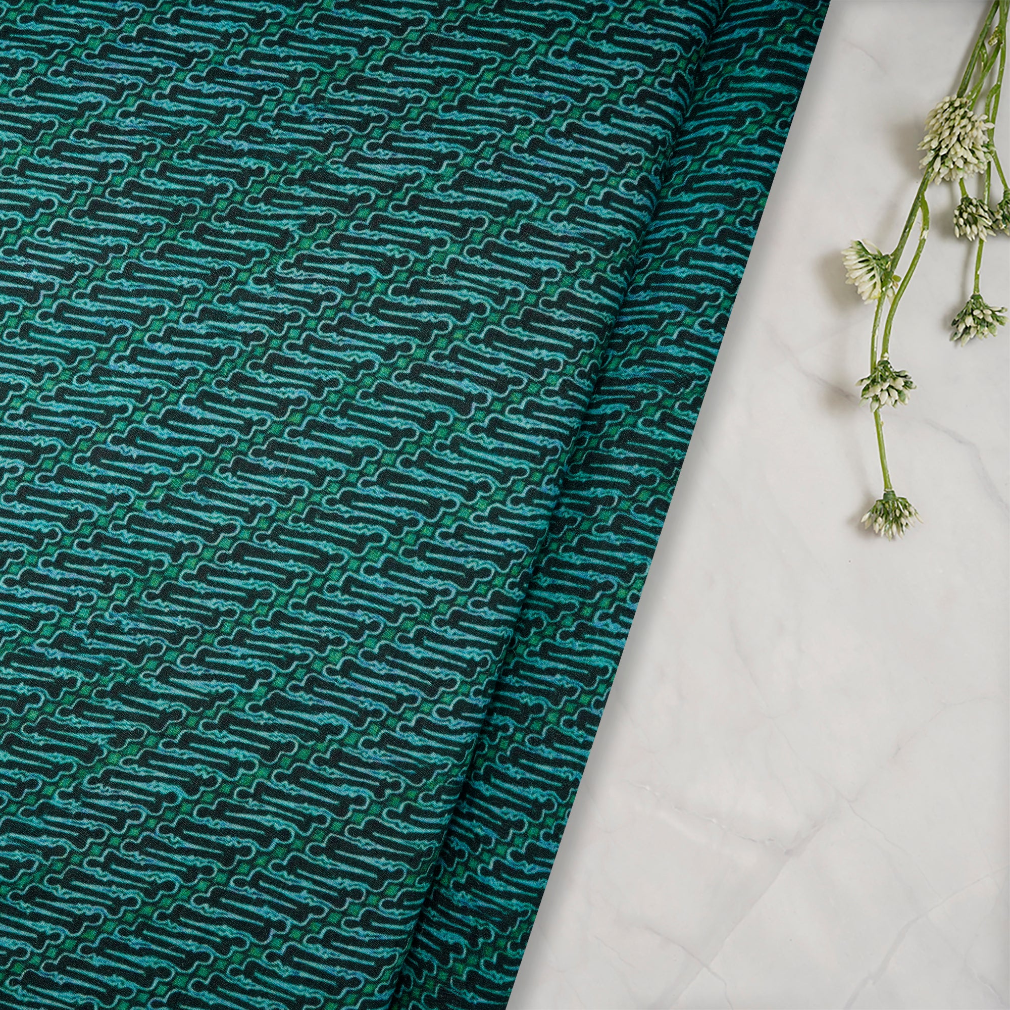 (Pre-Cut 3.20 Mtr)Blue-Green All Over Pattern Digital Print Silk Fabric