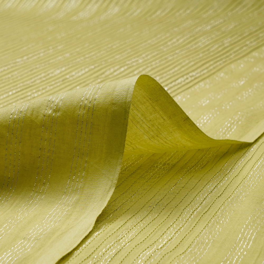 (Pre-Cut 3.00 Mtr)Green Color Embroidered Plain Cotton Fabric With Lurex Striped Fabric