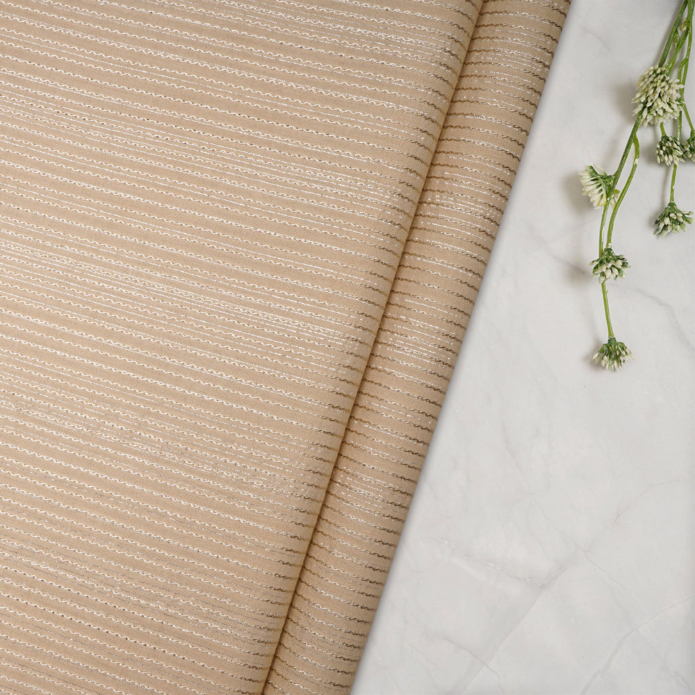 (Pre-Cut 4.00 Mtr)Beige Color Embroidered Plain Cotton Fabric With Lurex Striped Fabric