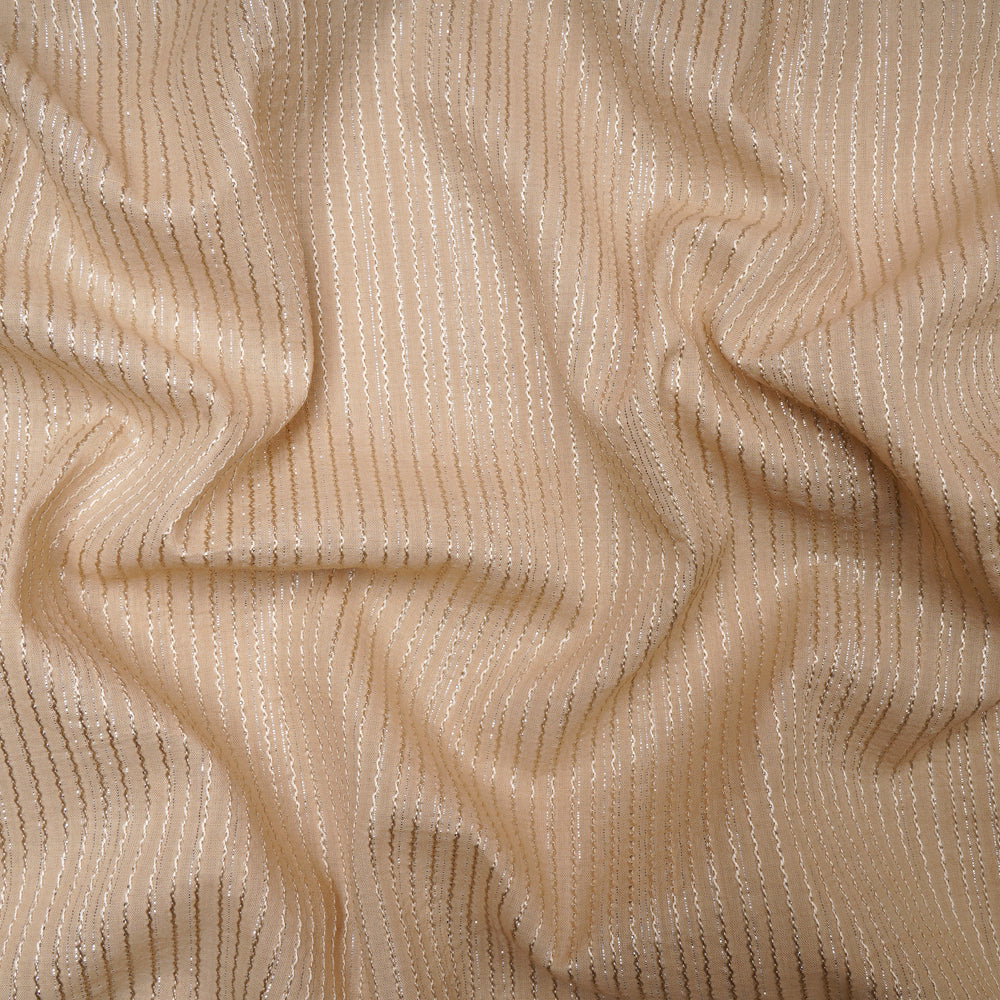 (Pre-Cut 4.00 Mtr)Beige Color Embroidered Plain Cotton Fabric With Lurex Striped Fabric