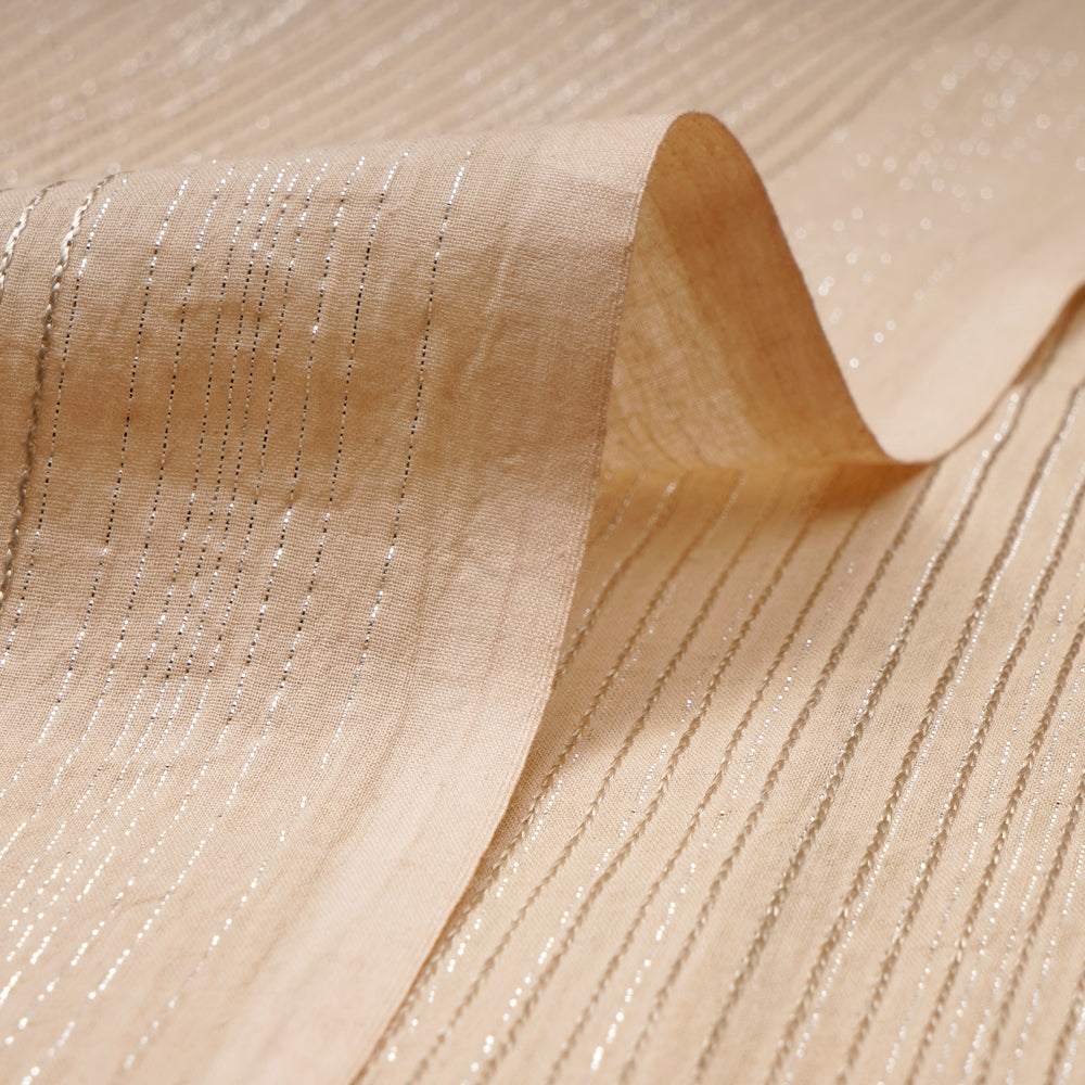 (Pre-Cut 4.00 Mtr)Beige Color Embroidered Plain Cotton Fabric With Lurex Striped Fabric
