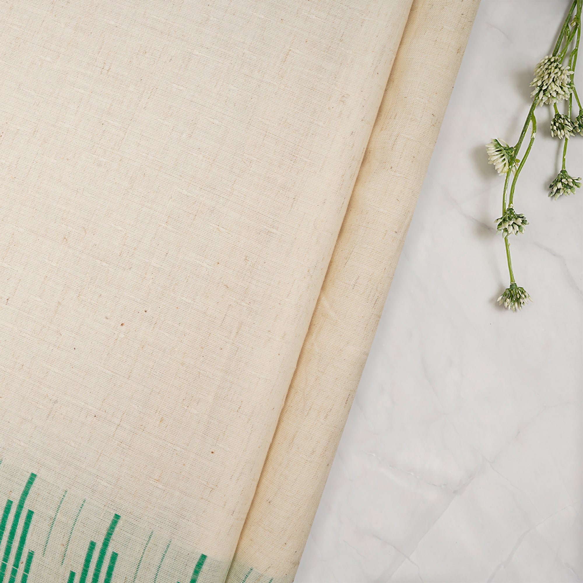 (Pre-Cut 1.20 Mtr)Cream-Green Color Cotton Flax Fabric