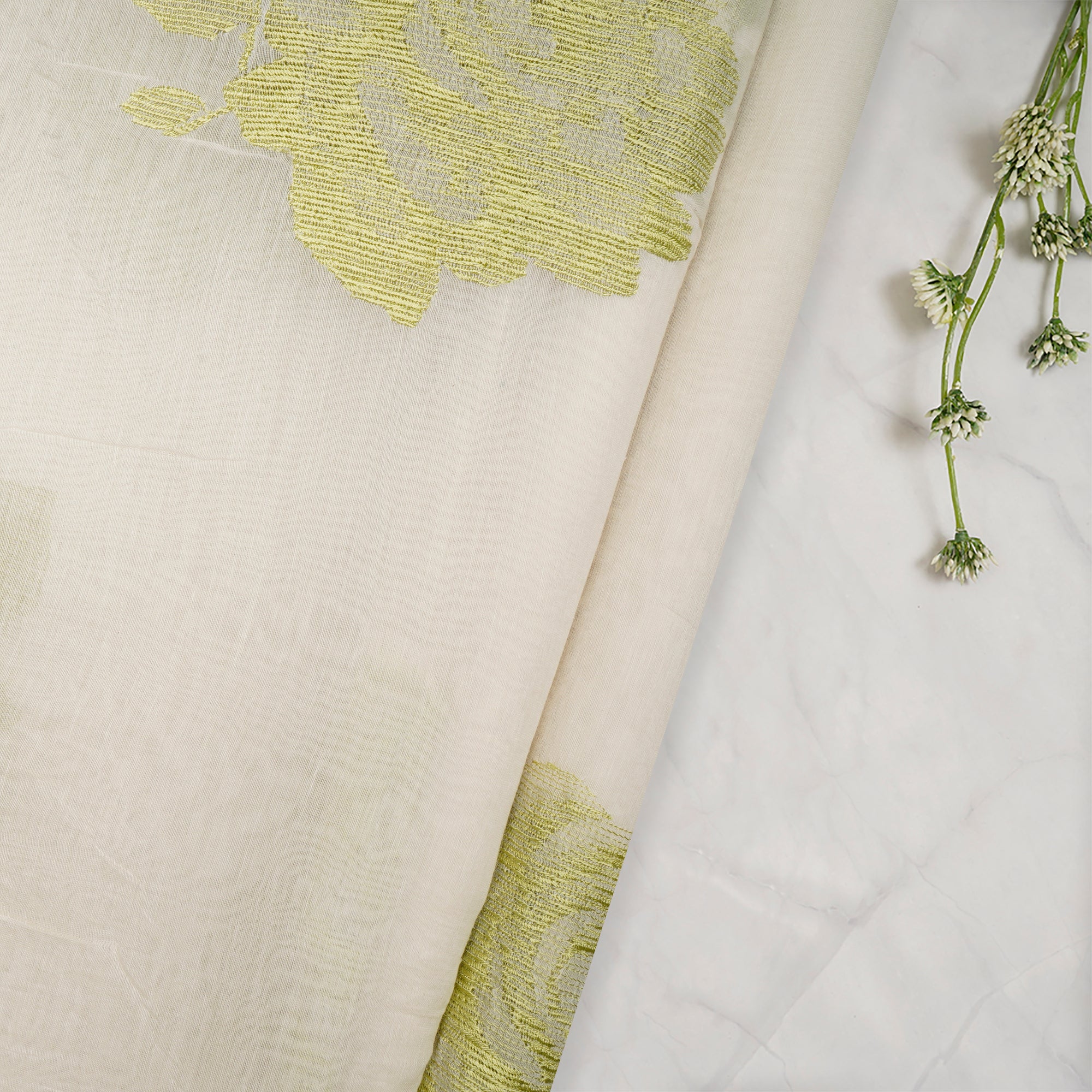 (Pre-Cut 2.30 Mtr)White Green Thread Embroireded Slik Cotton Fabric