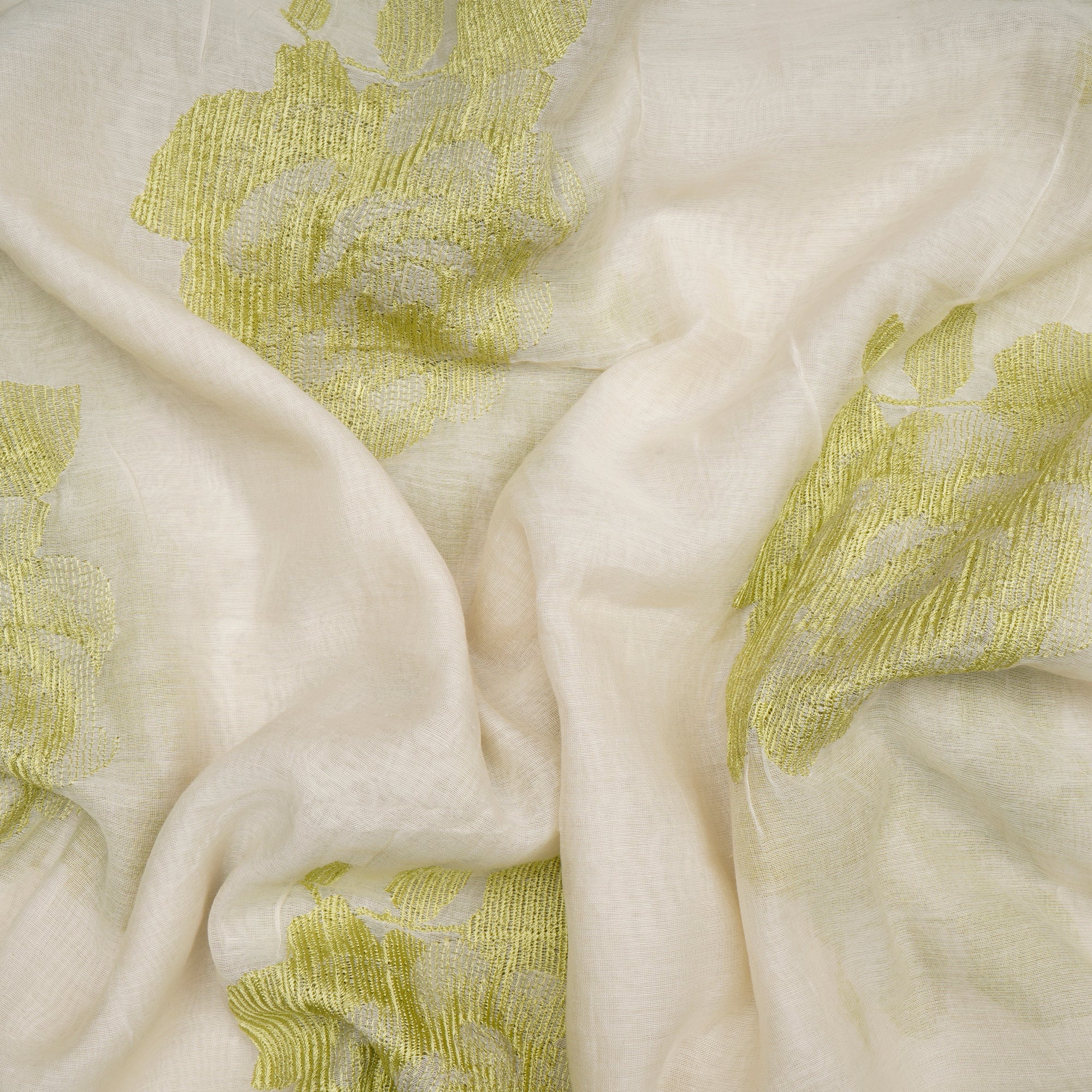 (Pre-Cut 2.30 Mtr)White Green Thread Embroireded Slik Cotton Fabric