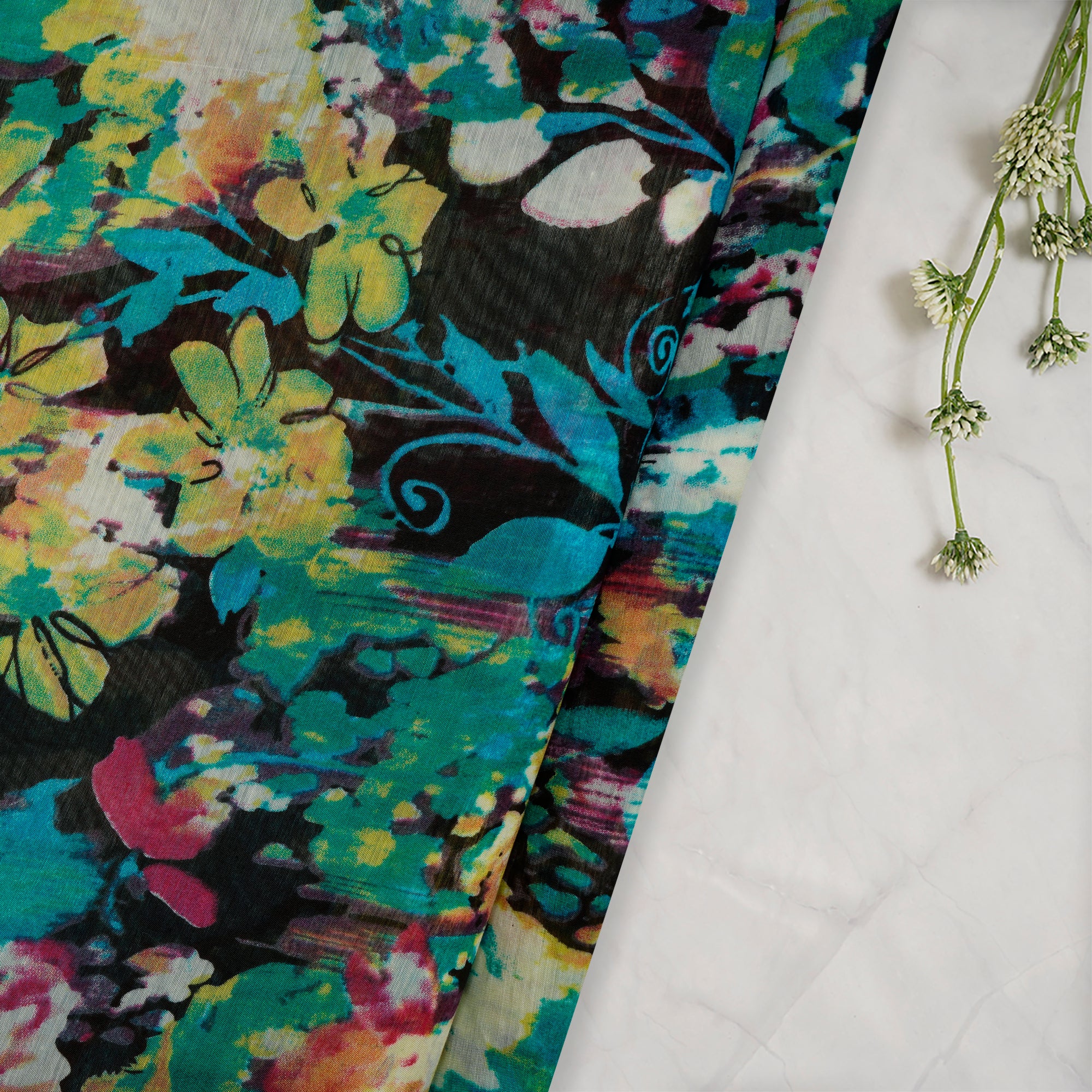 (Pre-Cut 2.40 Mtr)Multi Color Printed Fine Muslin Fabric