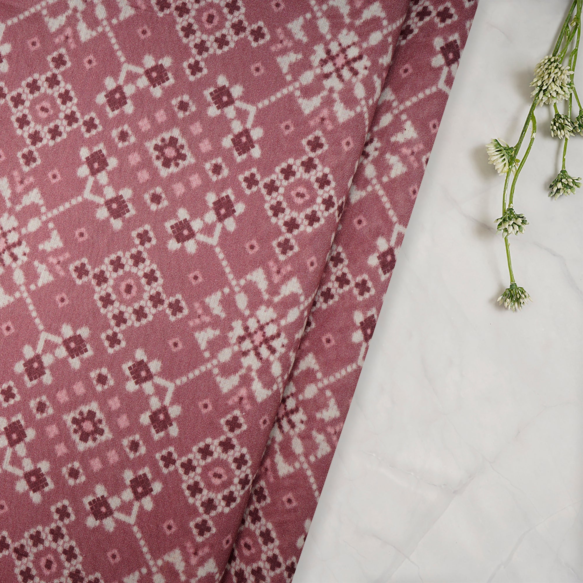 (Pre-Cut 3.50 Mtr)Powder Pink Patola Pattern Digital Printed Viscose Habutai Fabric