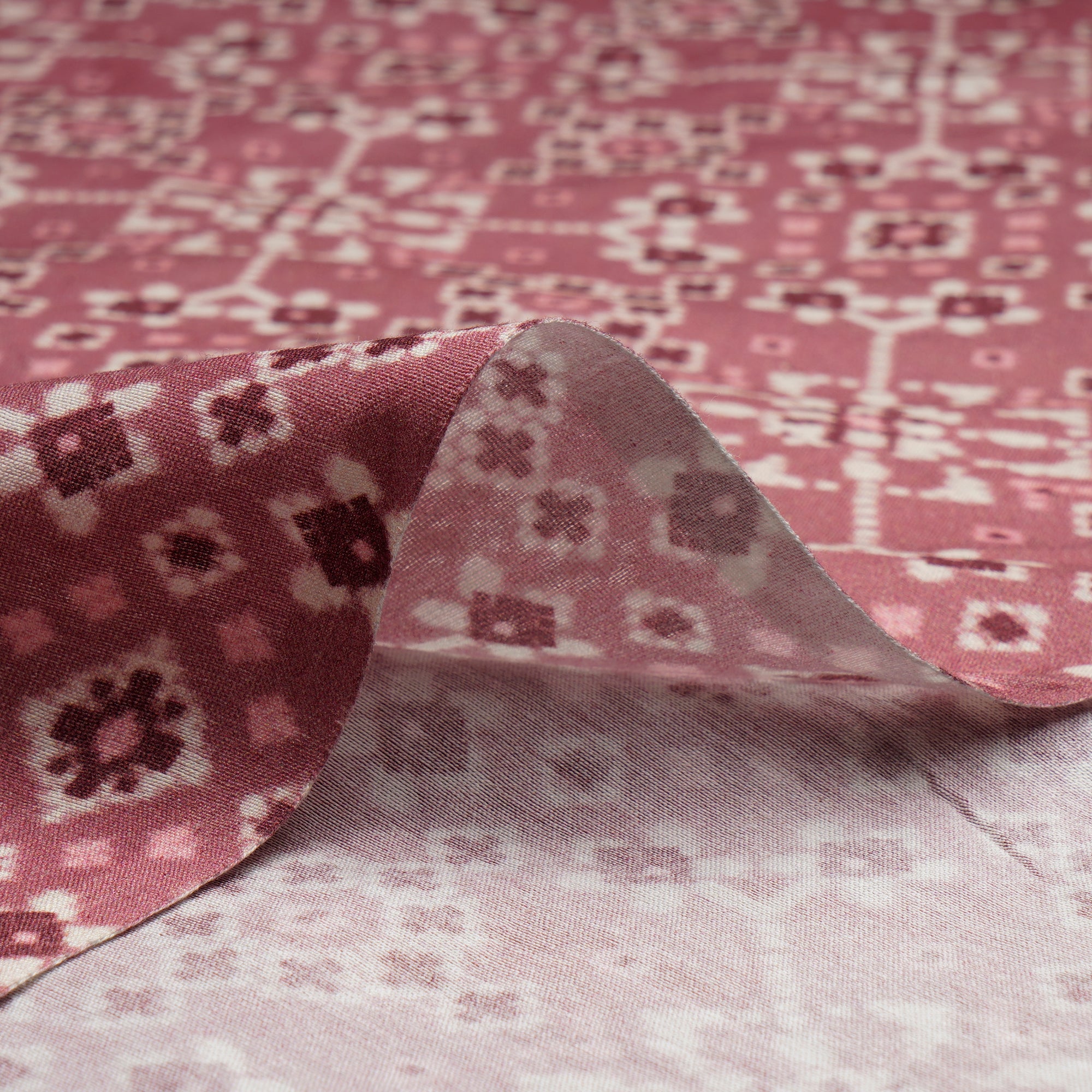 (Pre-Cut 3.50 Mtr)Powder Pink Patola Pattern Digital Printed Viscose Habutai Fabric