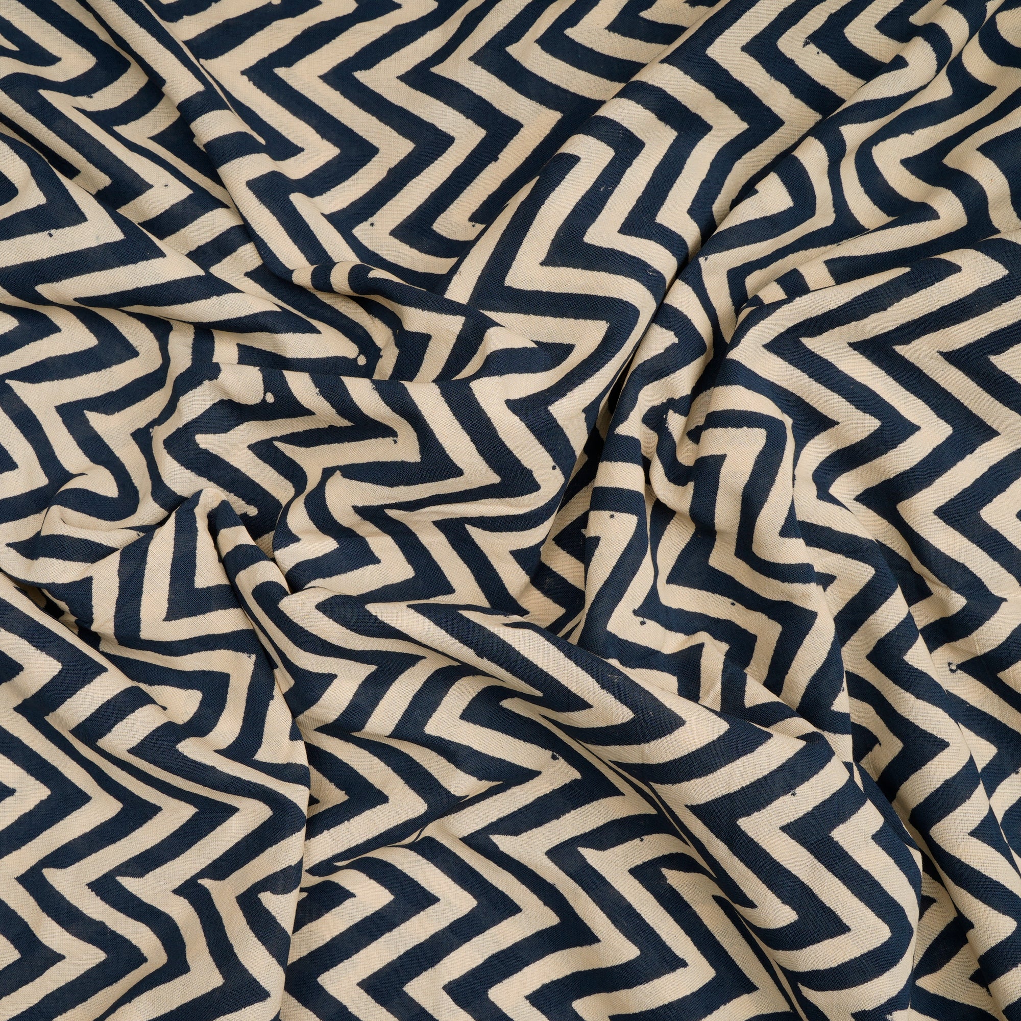 (Pre-Cut 1.80 Mtr)Blue-Cream Chevron Pattern Handcrafted Ajrak Printed Voile Fabric