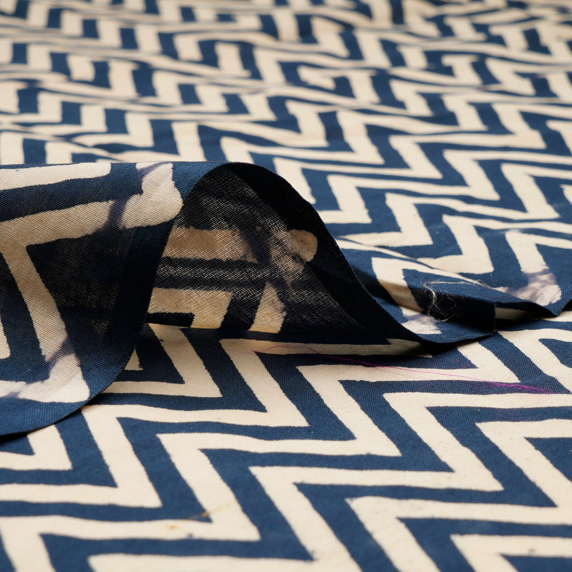 (Pre-Cut 1.80 Mtr)Blue-Cream Chevron Pattern Handcrafted Ajrak Printed Voile Fabric