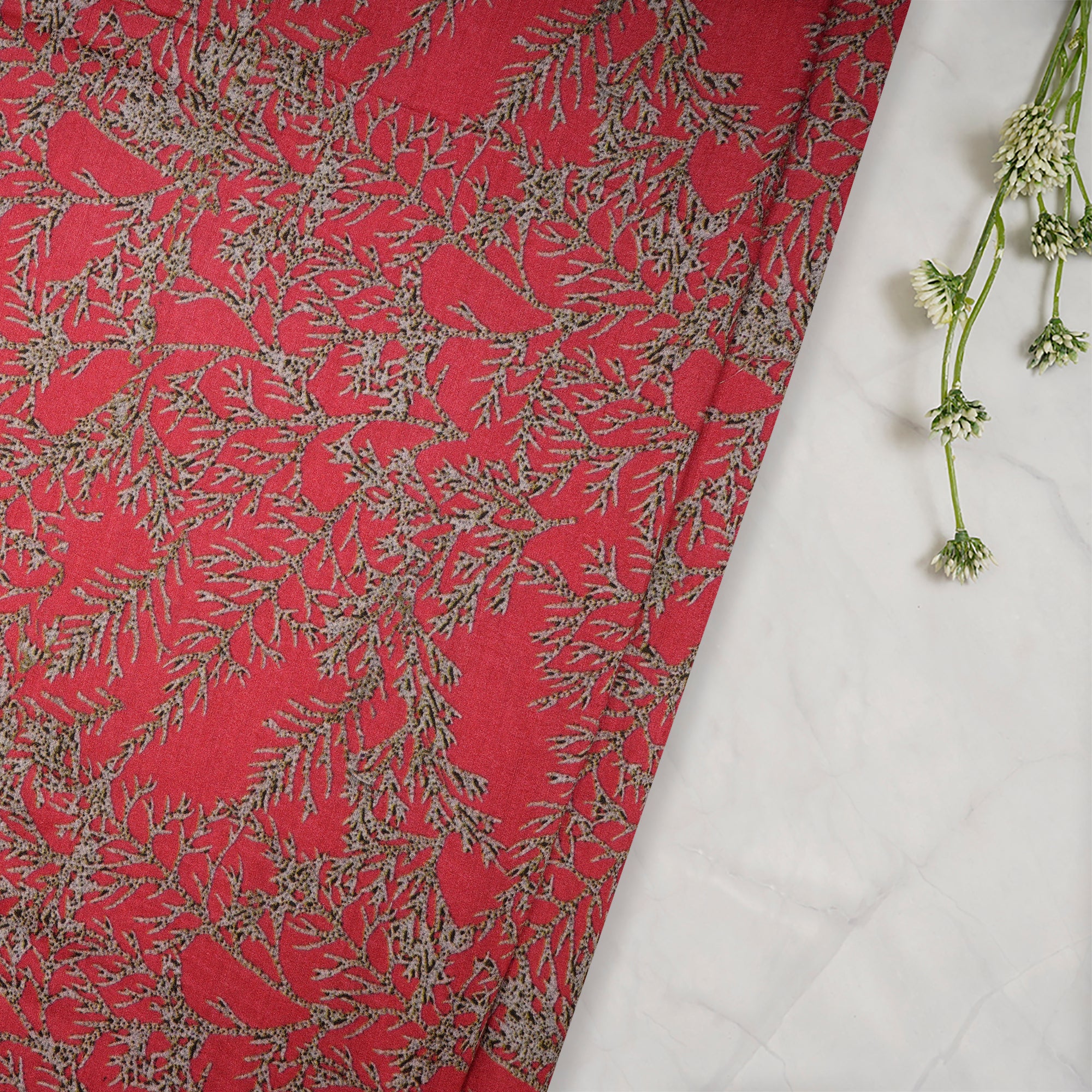 (Pre-Cut 2.50 Mtr)Red Color Digital Printed Muga Georgette Silk Fabric