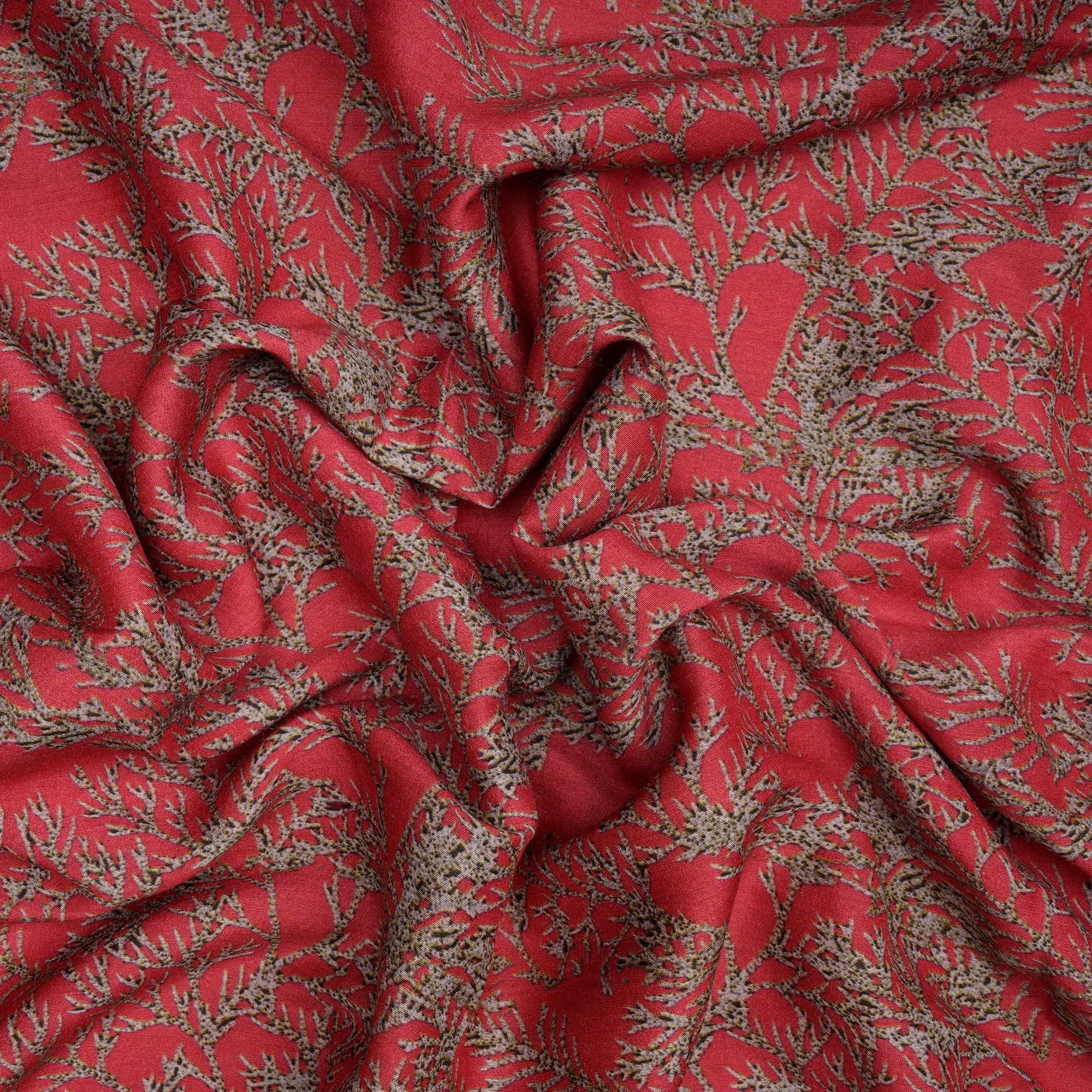 (Pre-Cut 2.50 Mtr)Red Color Digital Printed Muga Georgette Silk Fabric