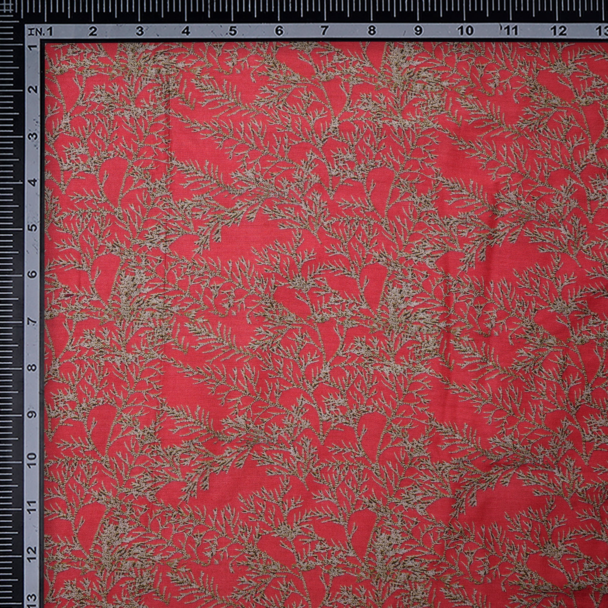 (Pre-Cut 2.50 Mtr)Red Color Digital Printed Muga Georgette Silk Fabric