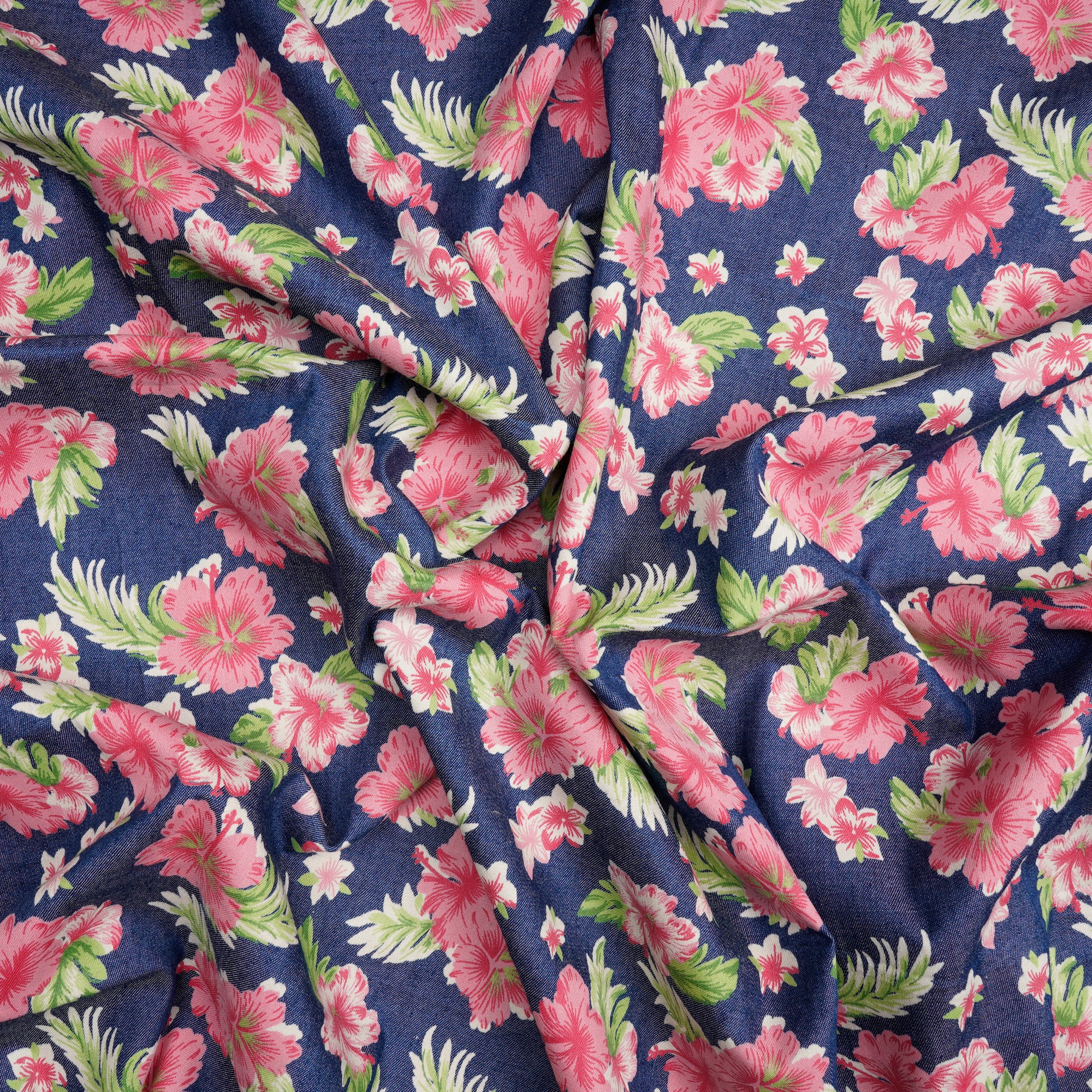 (Pre-Cut 1.60 Mtr)Multi Color Floral Pattern Digital Print Denim Fabric