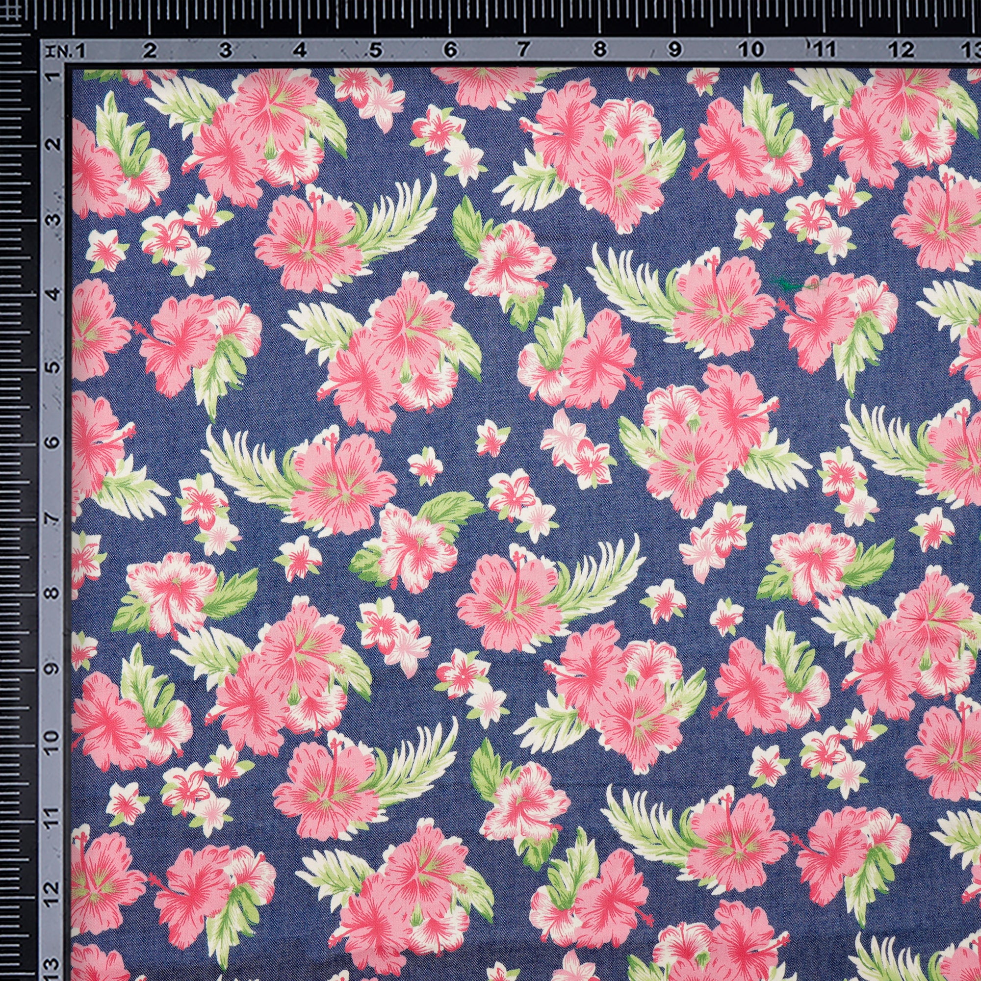 (Pre-Cut 1.60 Mtr)Multi Color Floral Pattern Digital Print Denim Fabric