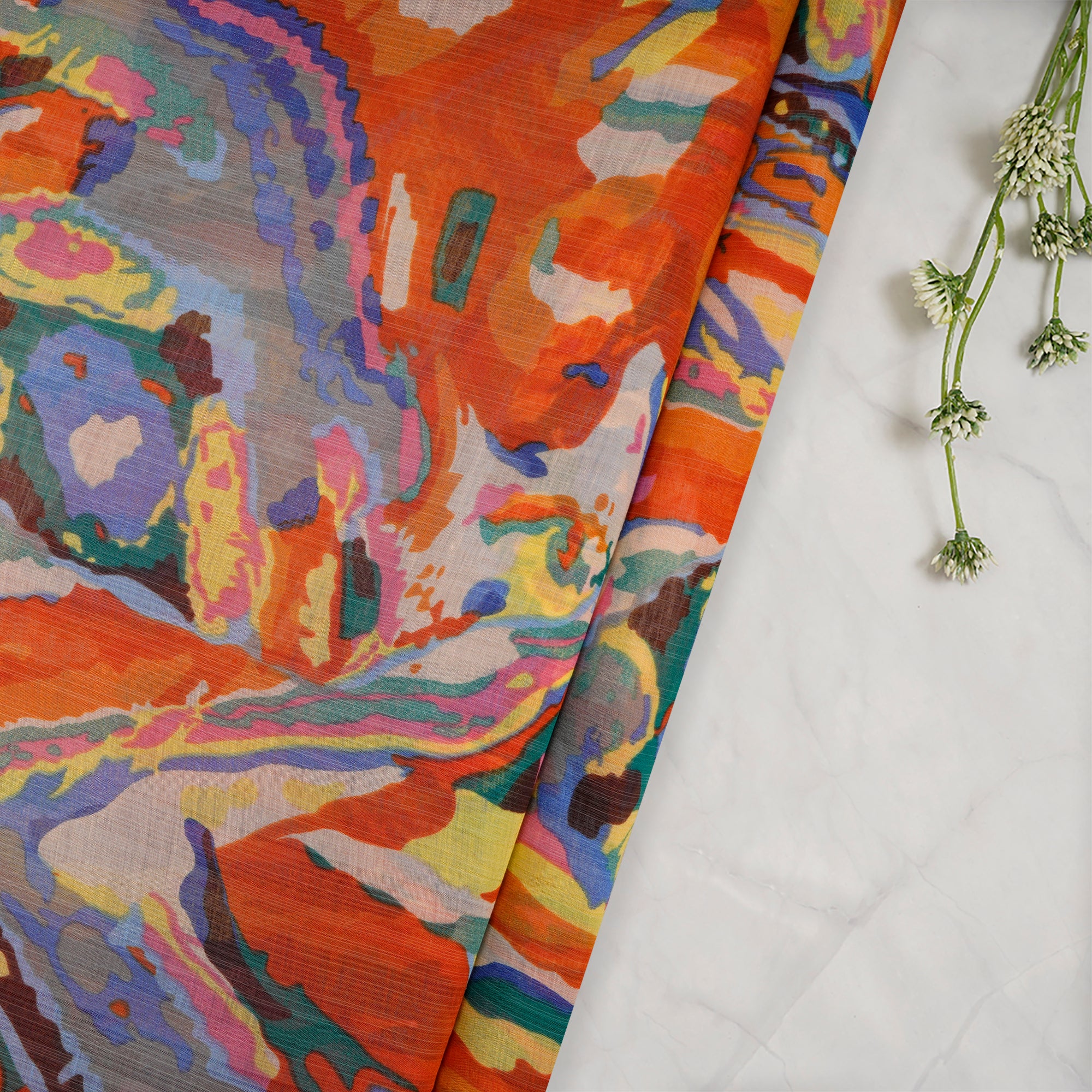 (Pre-Cut 1.40 Mtr)Multi Abstract Pattern Printed Fine Muslin Fabric