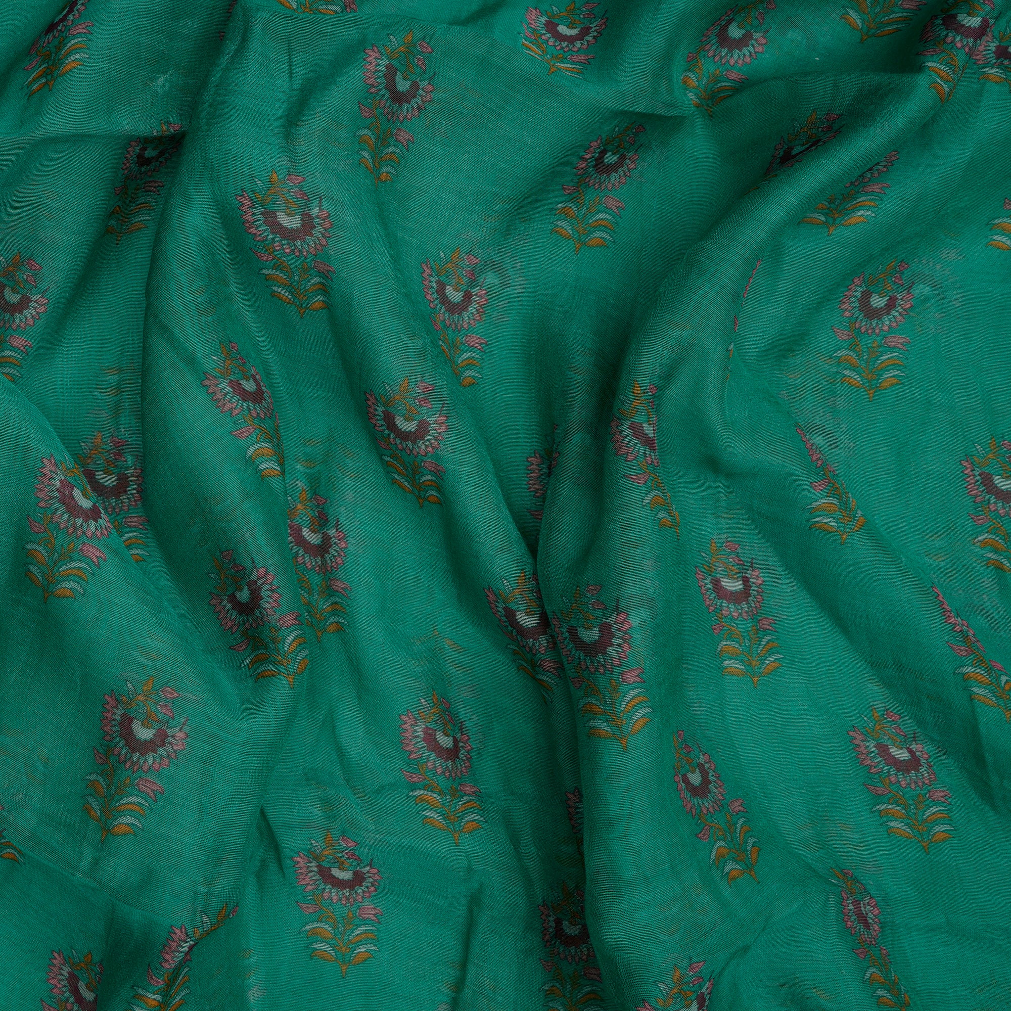 (Pre-Cut 1.80 Mtr)Green Floral Pattern Digital Printed Pure Chanderi Fabric