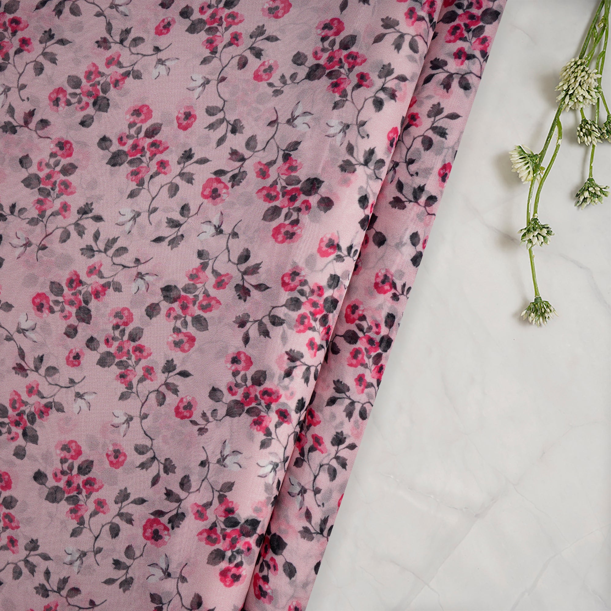 (Pre-Cut 2.60 Mtr)Blush Pink Floral Pattern Digital Print Viscose Organza Fabric