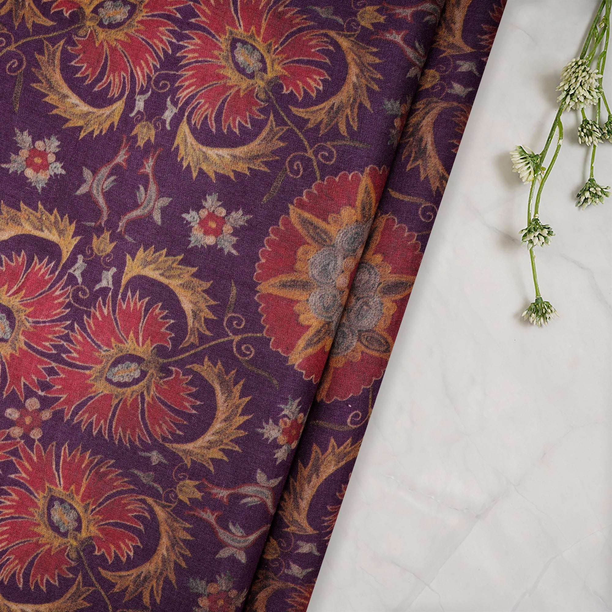 (Pre-Cut 2.75 Mtr)Purple Floral Pattern Digital Print Tusser Muga Fabric