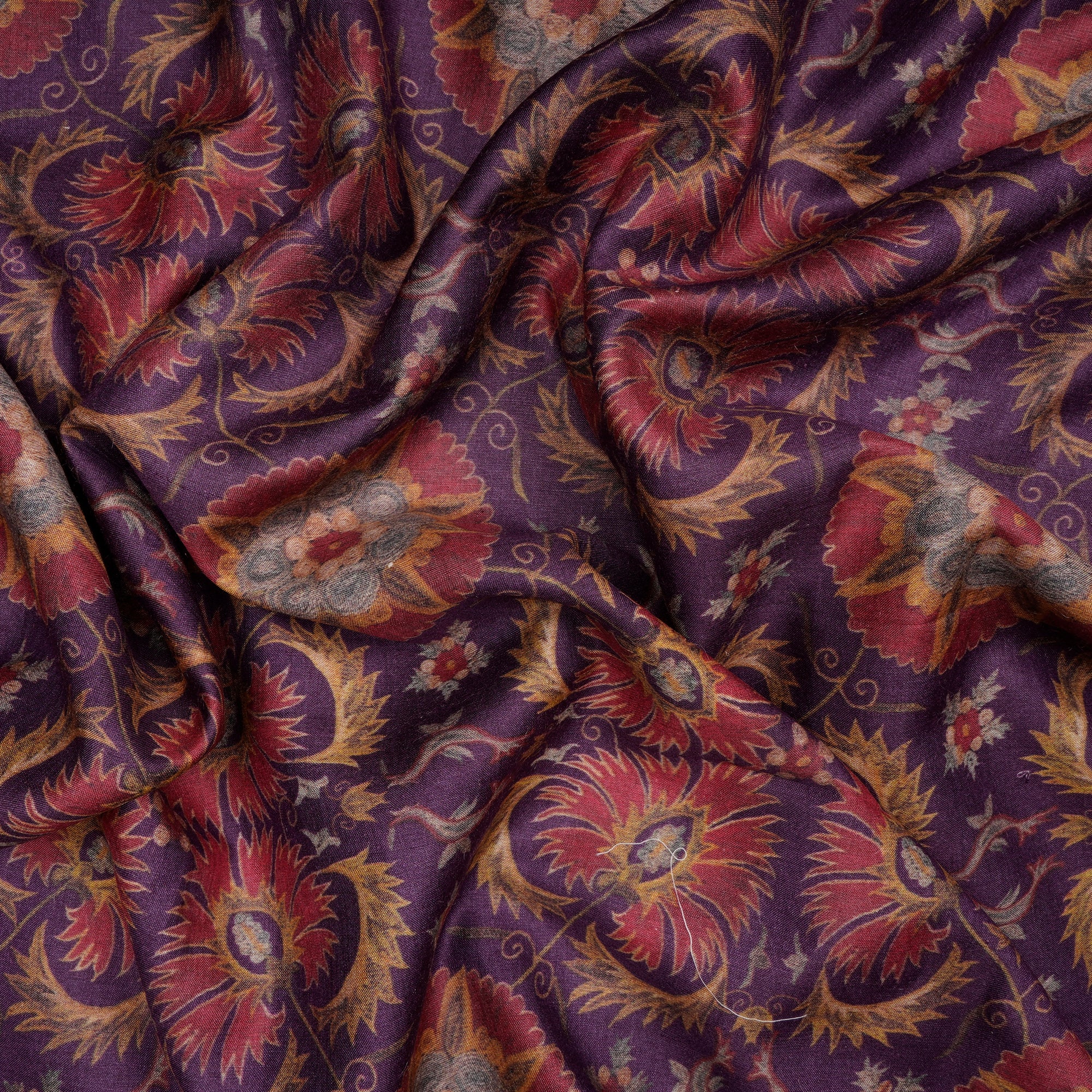 (Pre-Cut 2.75 Mtr)Purple Floral Pattern Digital Print Tusser Muga Fabric