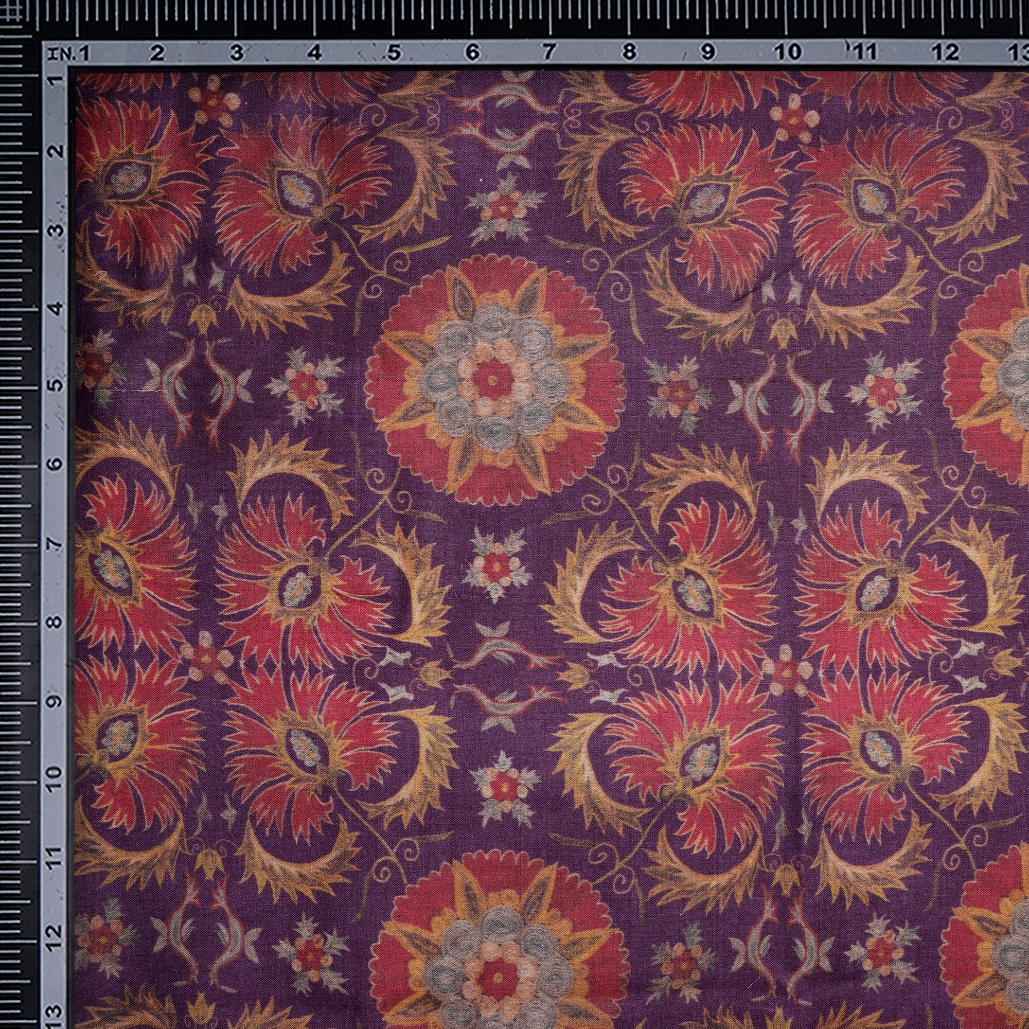 (Pre-Cut 2.75 Mtr)Purple Floral Pattern Digital Print Tusser Muga Fabric