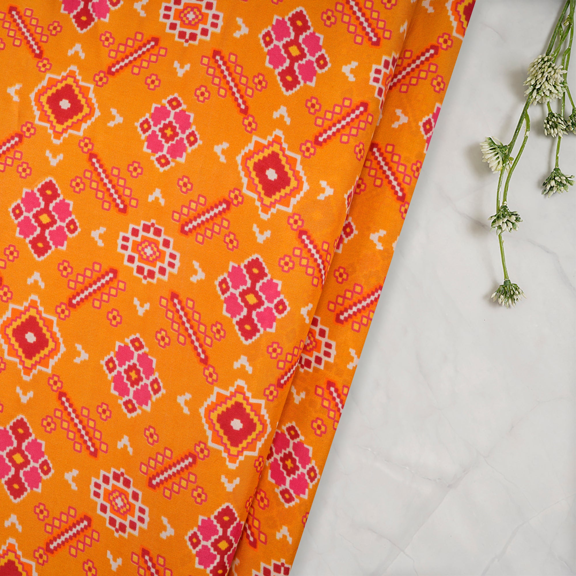 (Pre-Cut 2.75 Mtr)Yellow Patola Pattern Digital Printed Tuusar Silk Fabri