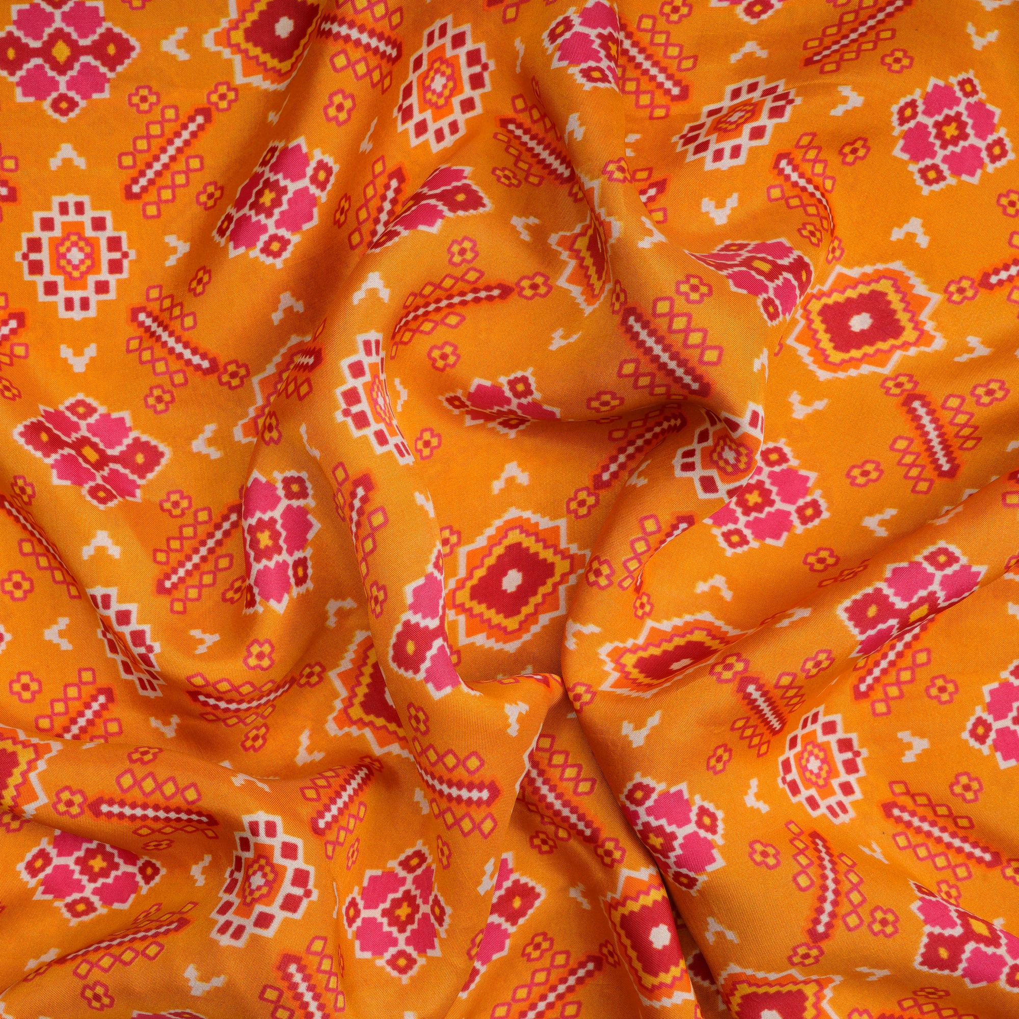 (Pre-Cut 2.75 Mtr)Yellow Patola Pattern Digital Printed Tuusar Silk Fabri