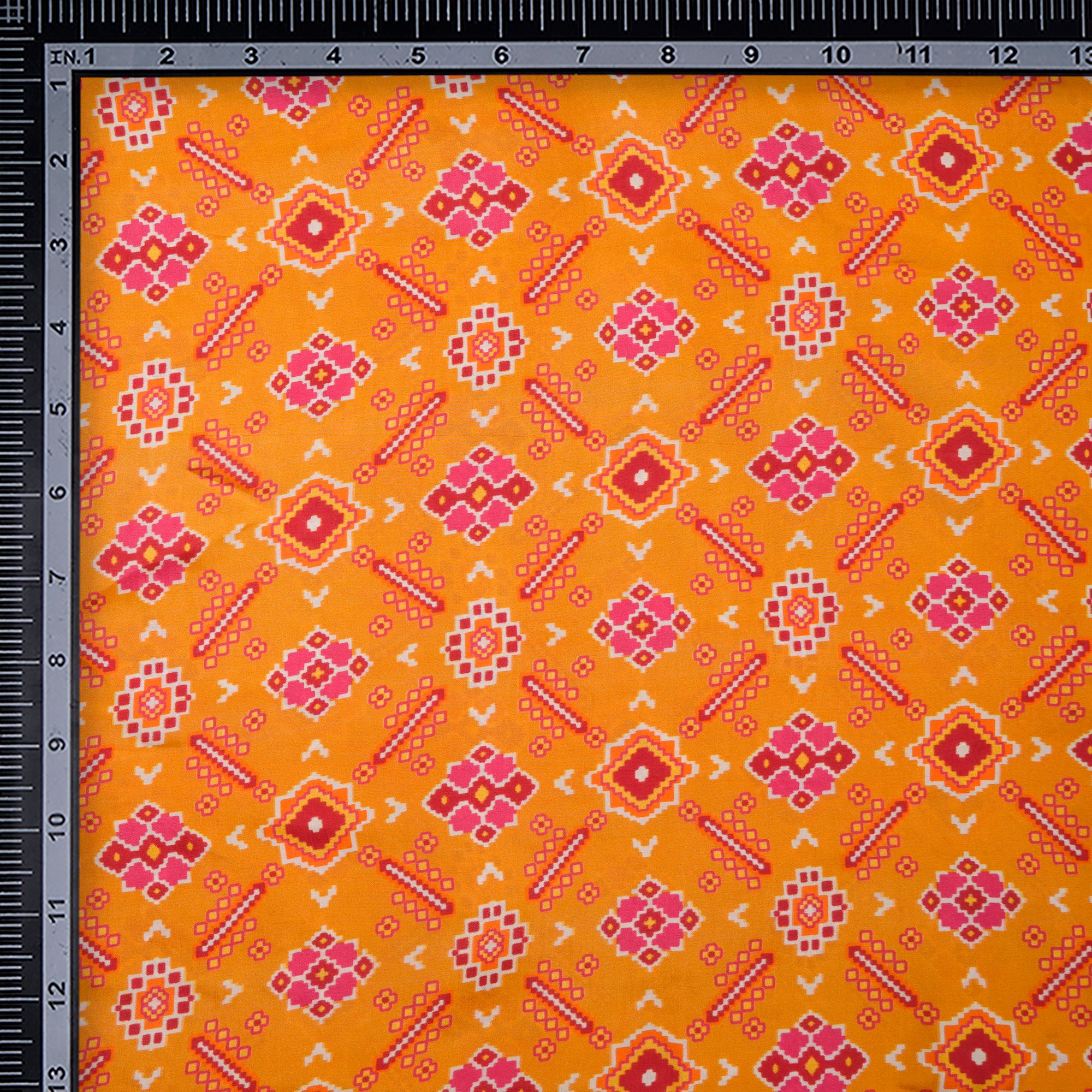 (Pre-Cut 2.75 Mtr)Yellow Patola Pattern Digital Printed Tuusar Silk Fabri