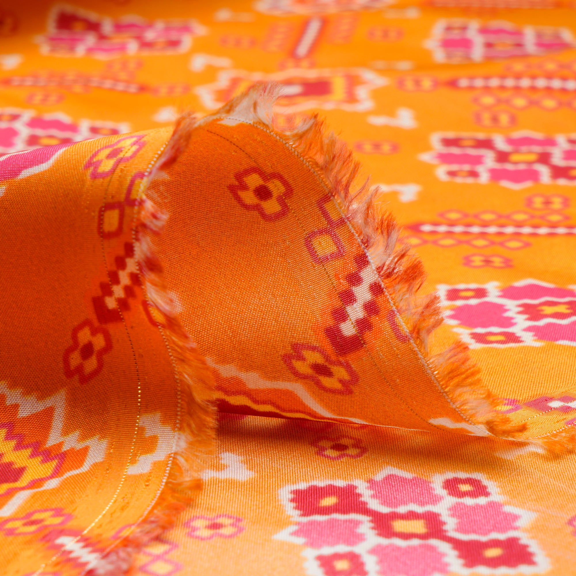 (Pre-Cut 2.75 Mtr)Yellow Patola Pattern Digital Printed Tuusar Silk Fabri