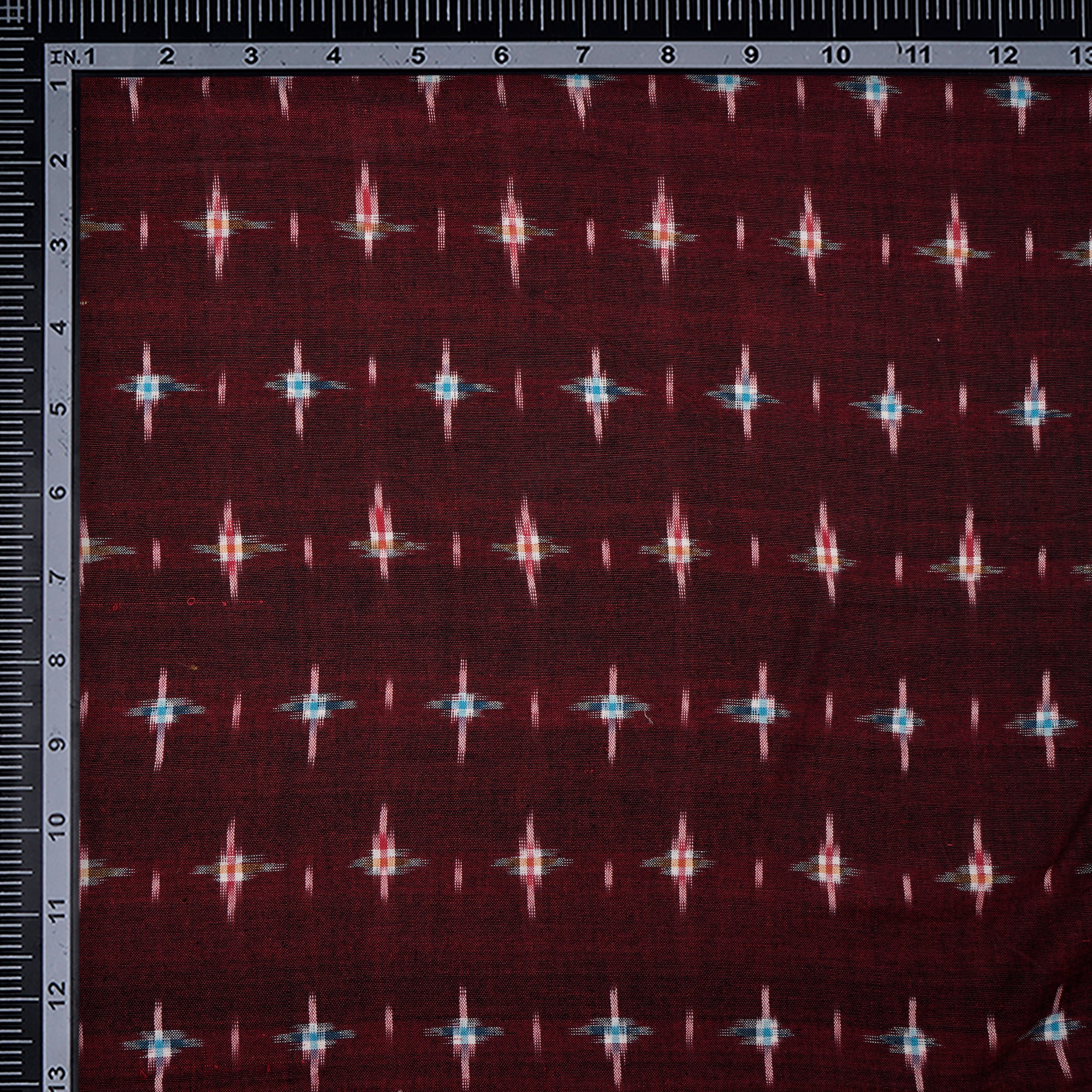 (Pre-Cut 1.00 Mtr)Maroon Washed Woven Double Ikat Cotton Fabric