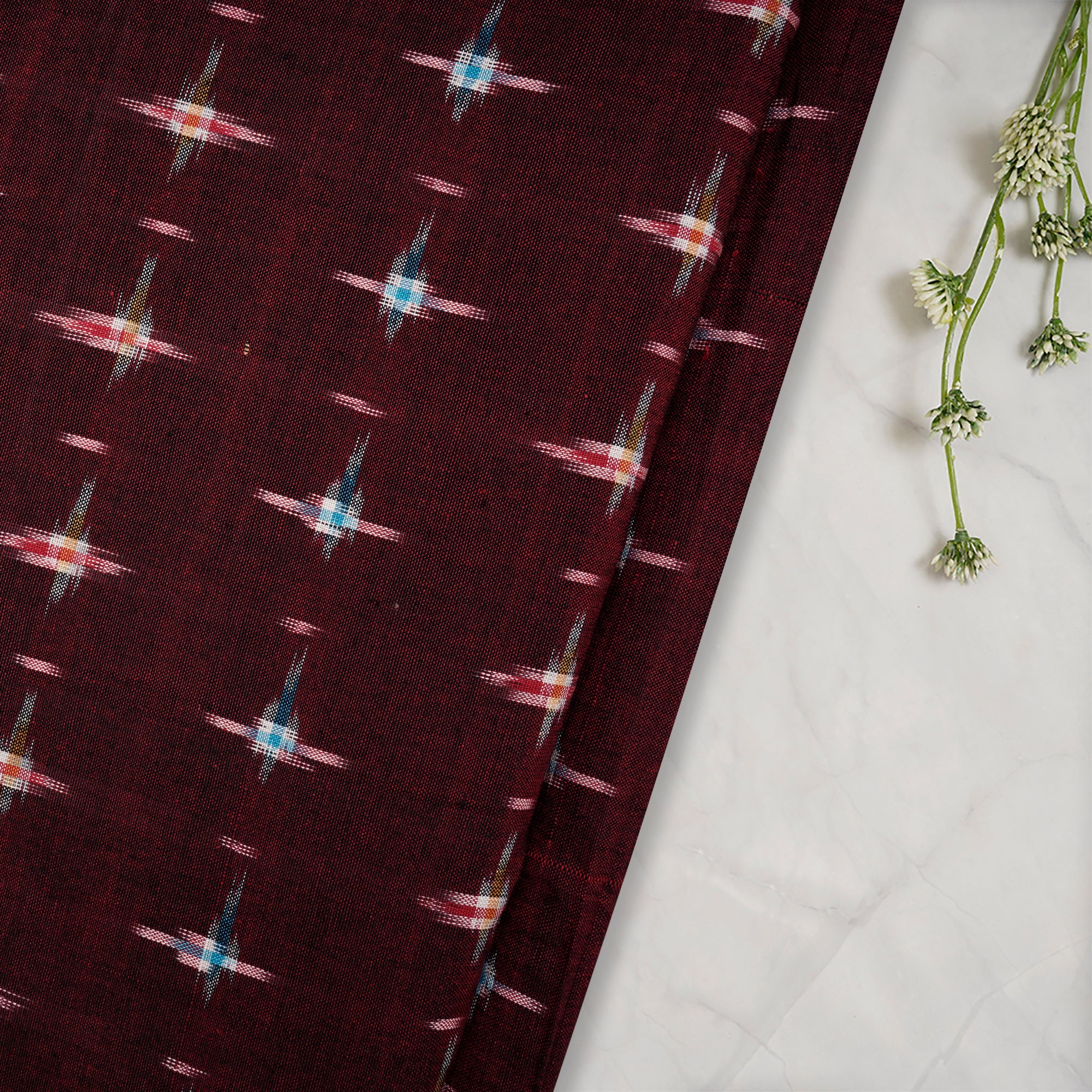 (Pre-Cut 2.00 Mtr)Maroon Washed Woven Double Ikat Cotton Fabric