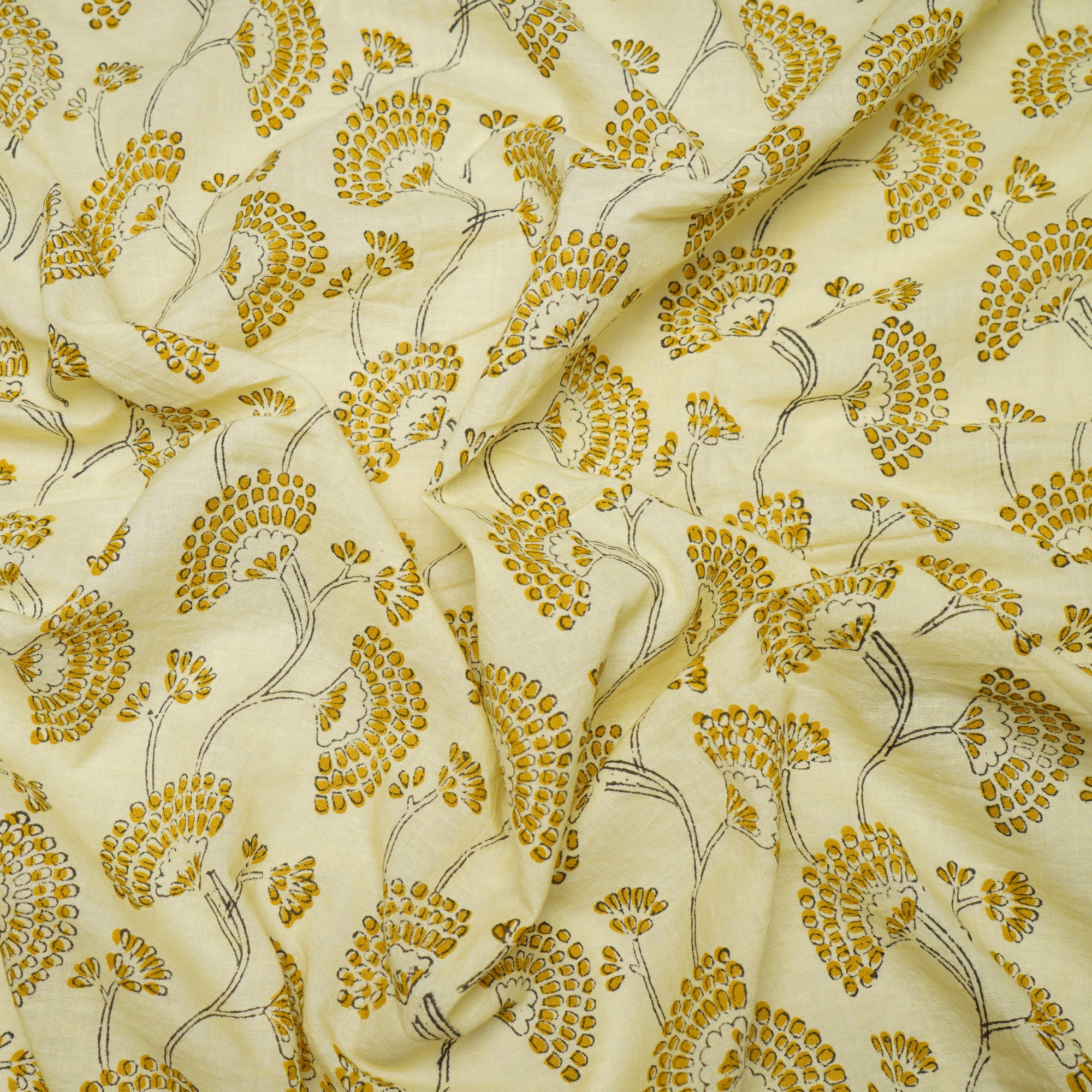 (Pre-Cut 0.70 Mtr)Light Yellow Peacock Pattern Screen Print Pure Cotton Fabric