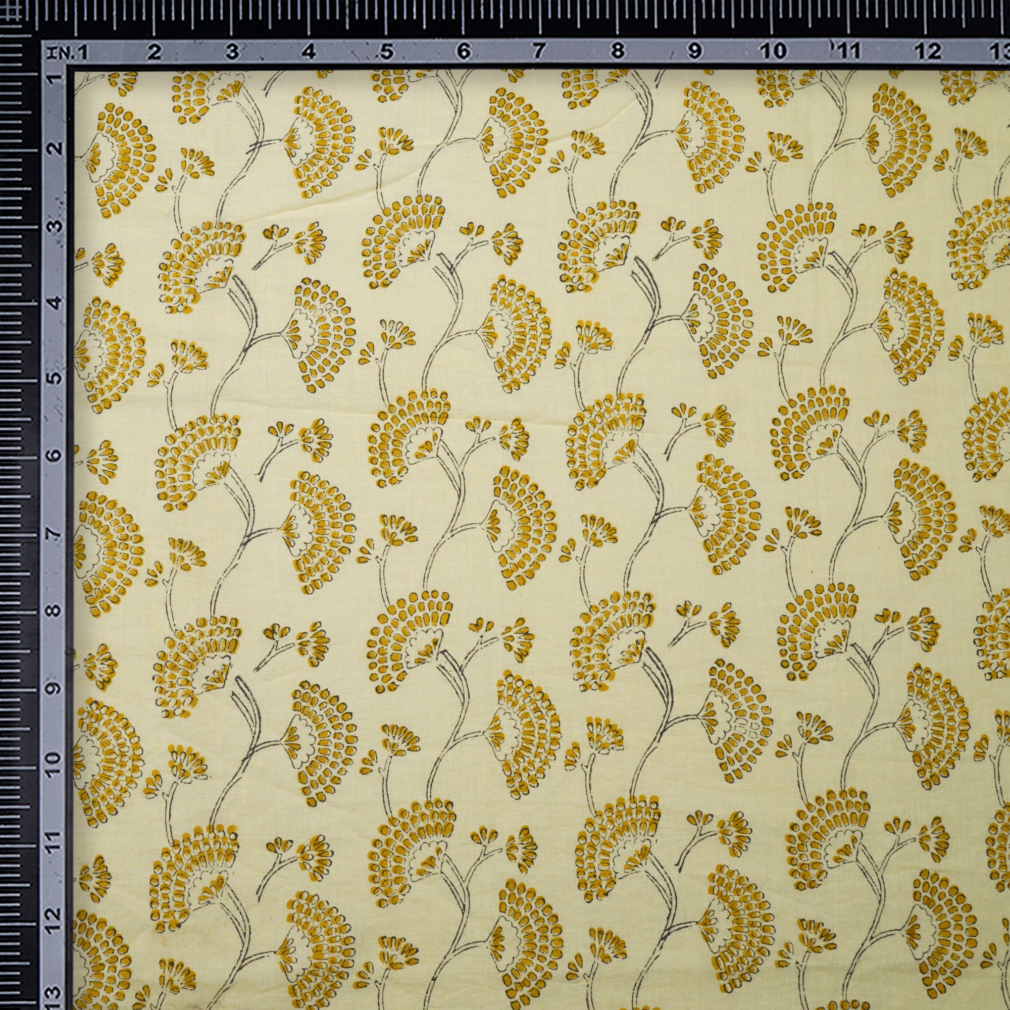 (Pre-Cut 0.70 Mtr)Light Yellow Peacock Pattern Screen Print Pure Cotton Fabric