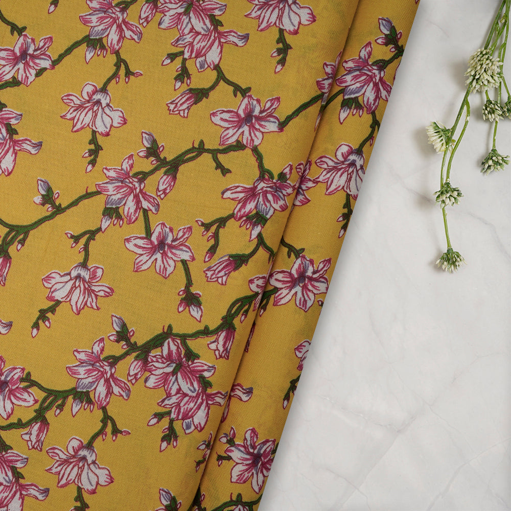 (Pre-Cut 1.80 Mtr)Mango Floral Pattern Screen Printed Pure Cotton Fabric