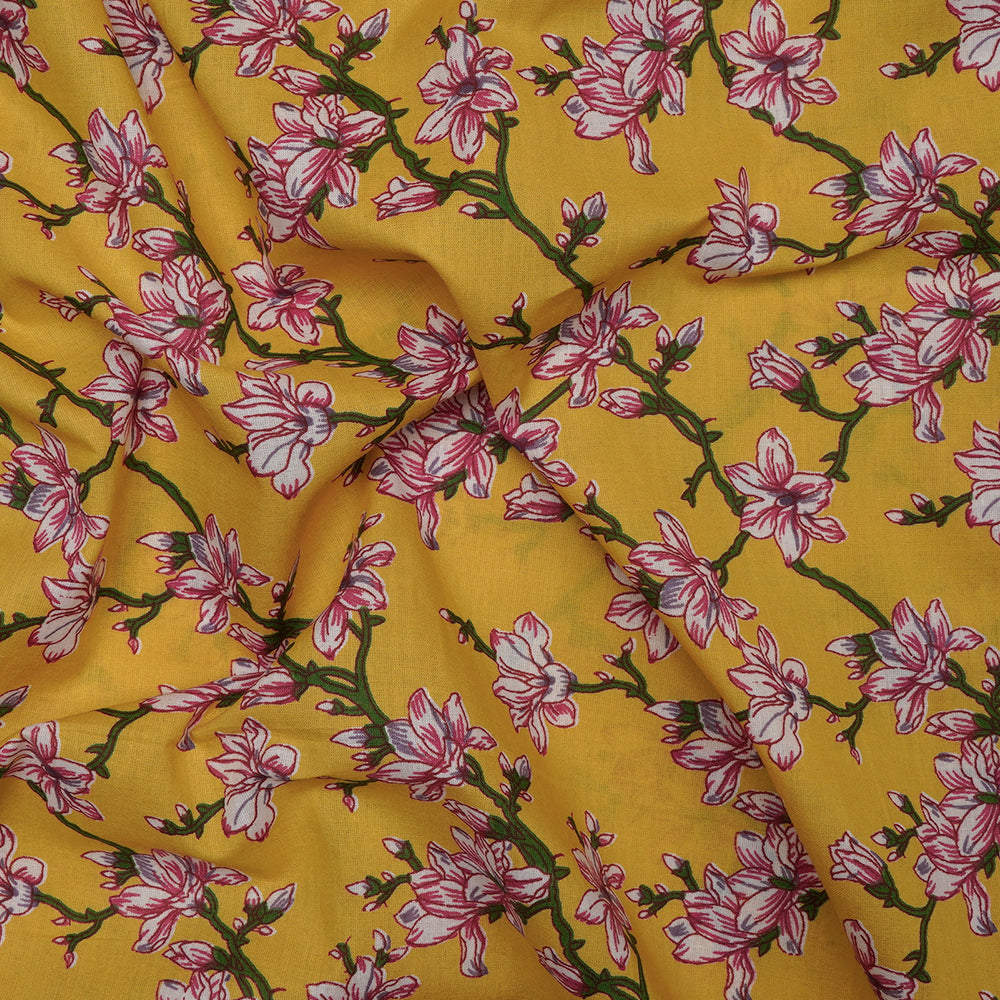 (Pre-Cut 1.80 Mtr)Mango Floral Pattern Screen Printed Pure Cotton Fabric