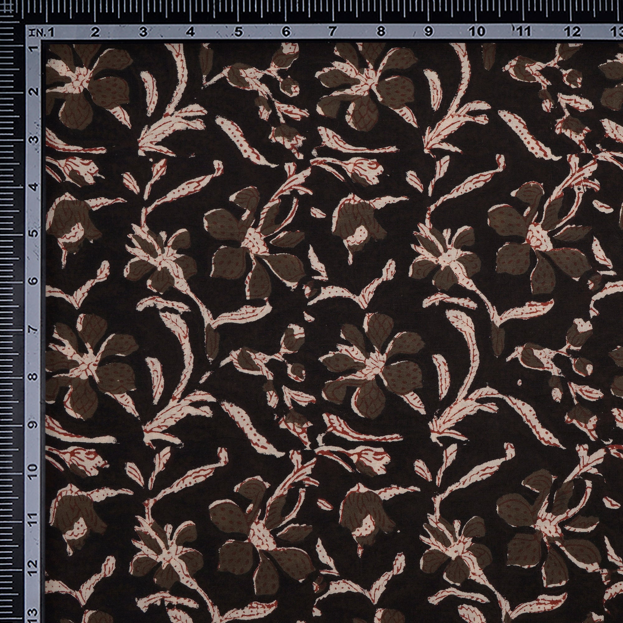 (Pre-Cut 1.85 Mtr)Dark Brown Floral Pattern Natural Dye Hand Block Bagru Printed Cotton Fabric