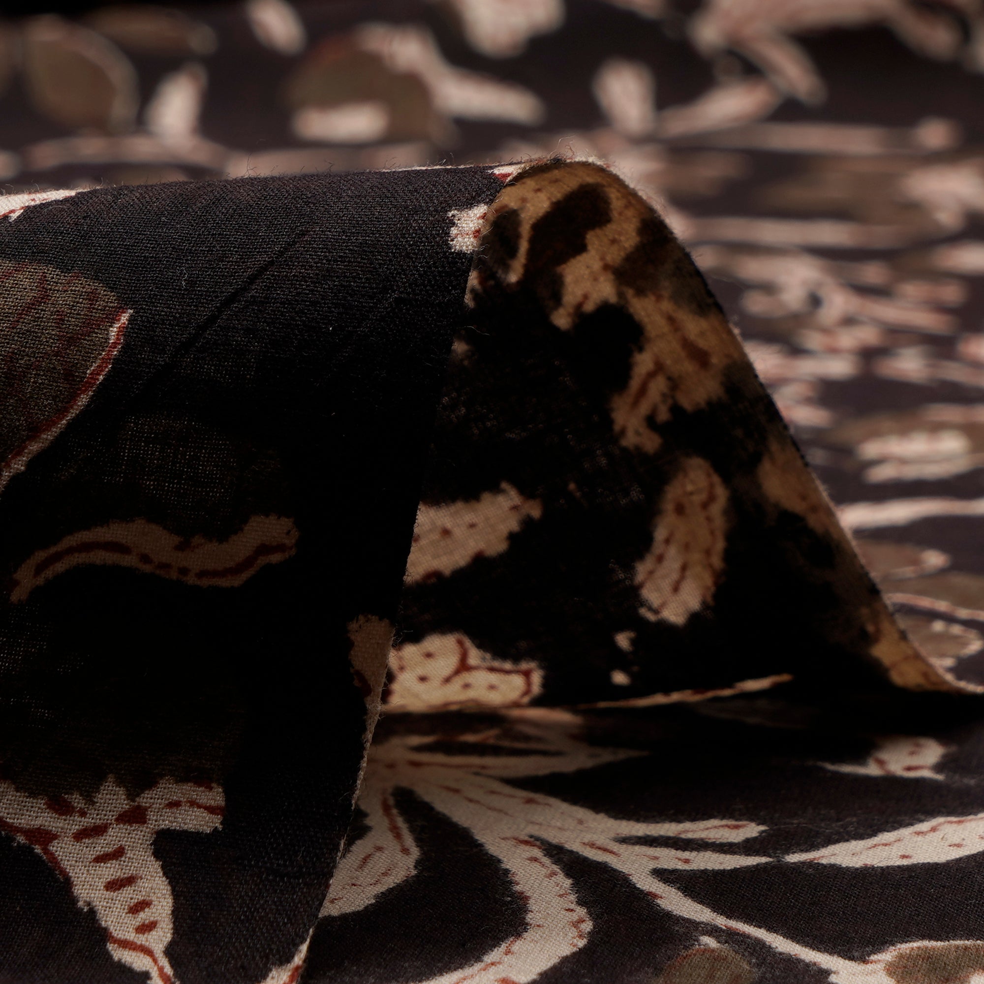 (Pre-Cut 1.85 Mtr)Dark Brown Floral Pattern Natural Dye Hand Block Bagru Printed Cotton Fabric