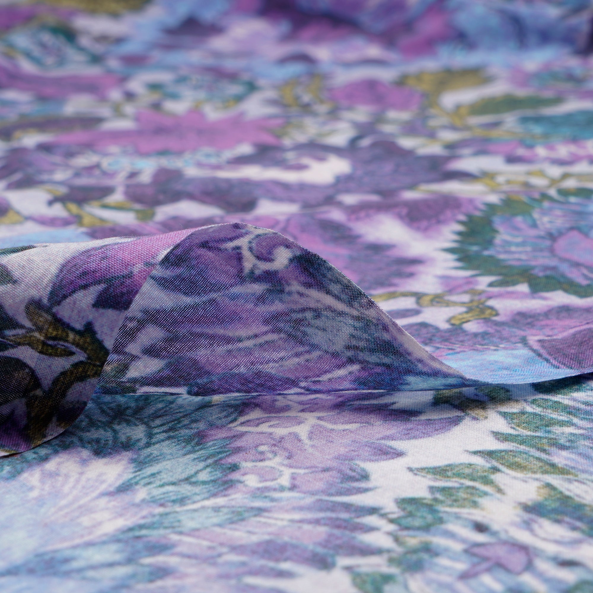 (Pre-Cut 4.00 Mtr)Purple Color Digital Printed High Twisted Cotton Voile Fabric