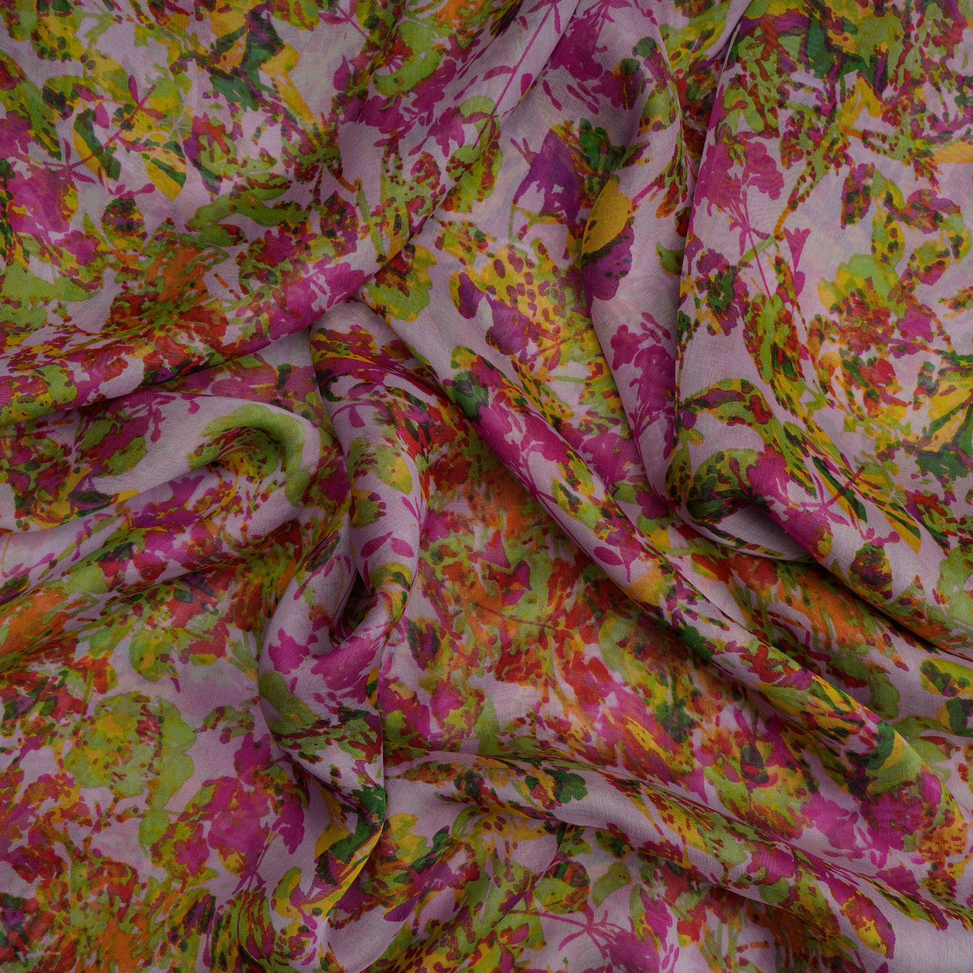 (Pre-Cut 2.30 Mtr)Multi Color Floral Pattern Digital Print Taby Silk Fabric