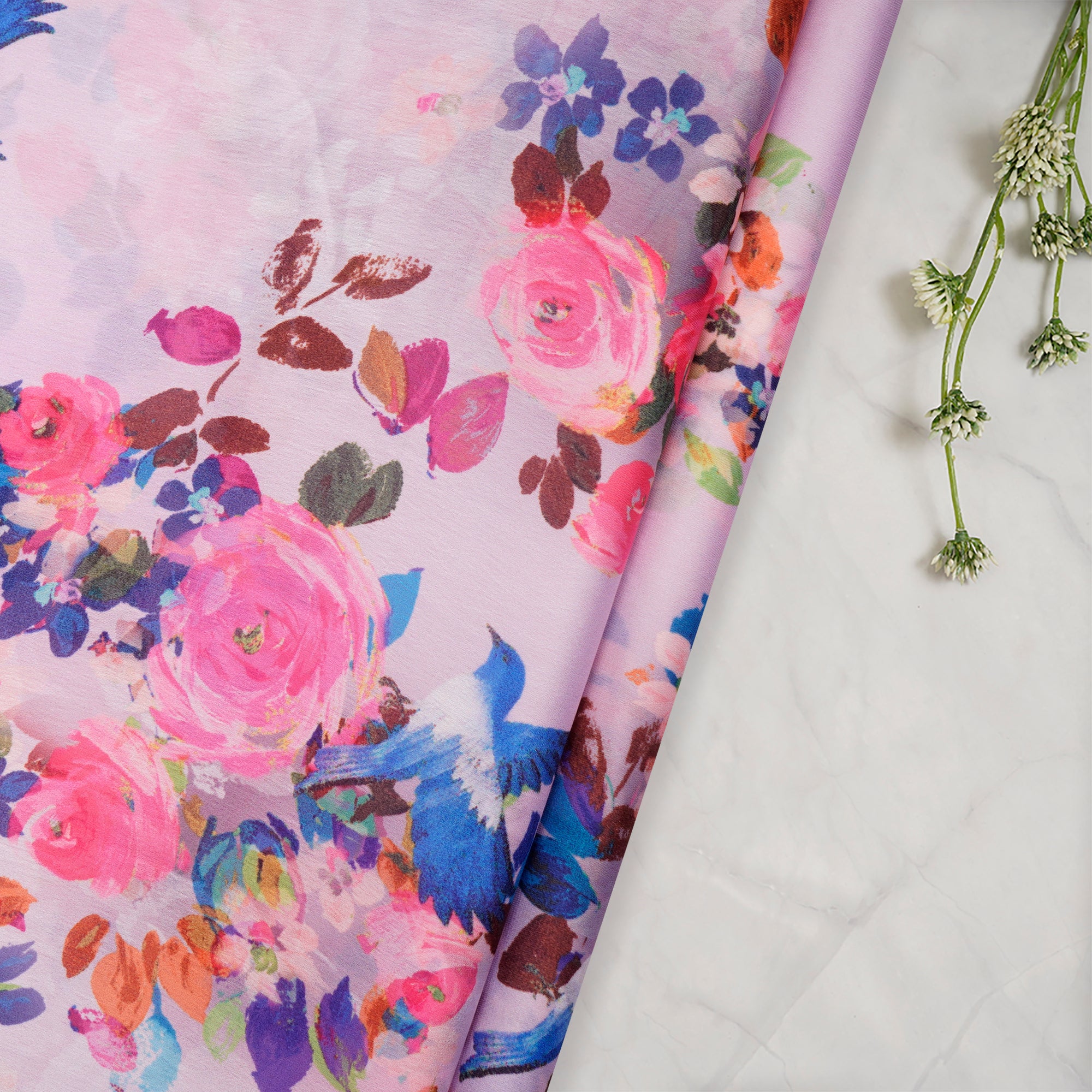(Pre-Cut 2.50 Mtr)Multi Color Floral Pattern Printed Satin Chiffon Fabric