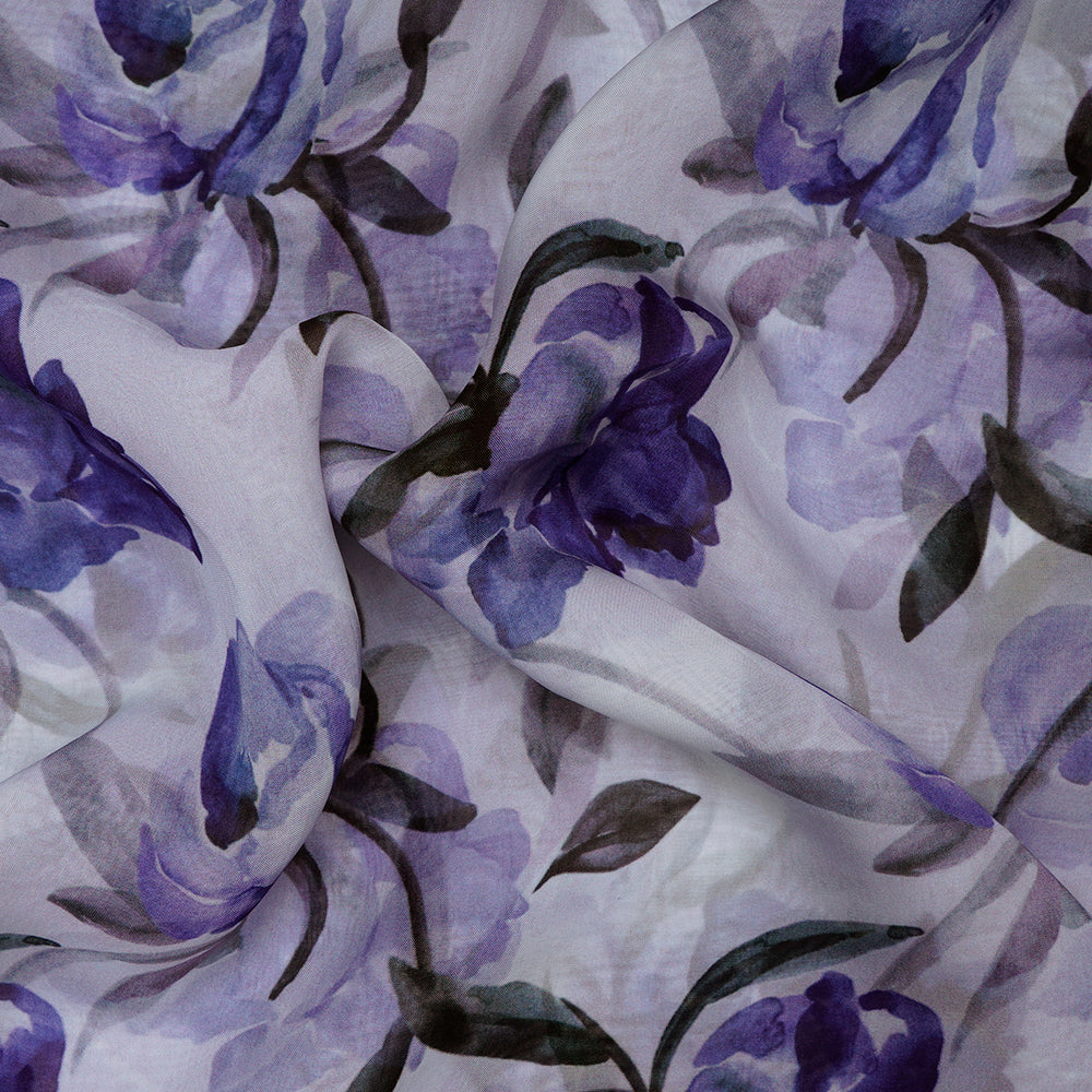 (Pre-Cut 2.95 Mtr)Voilet Floral Pattern Digital Print-Viscose Organza Fabric